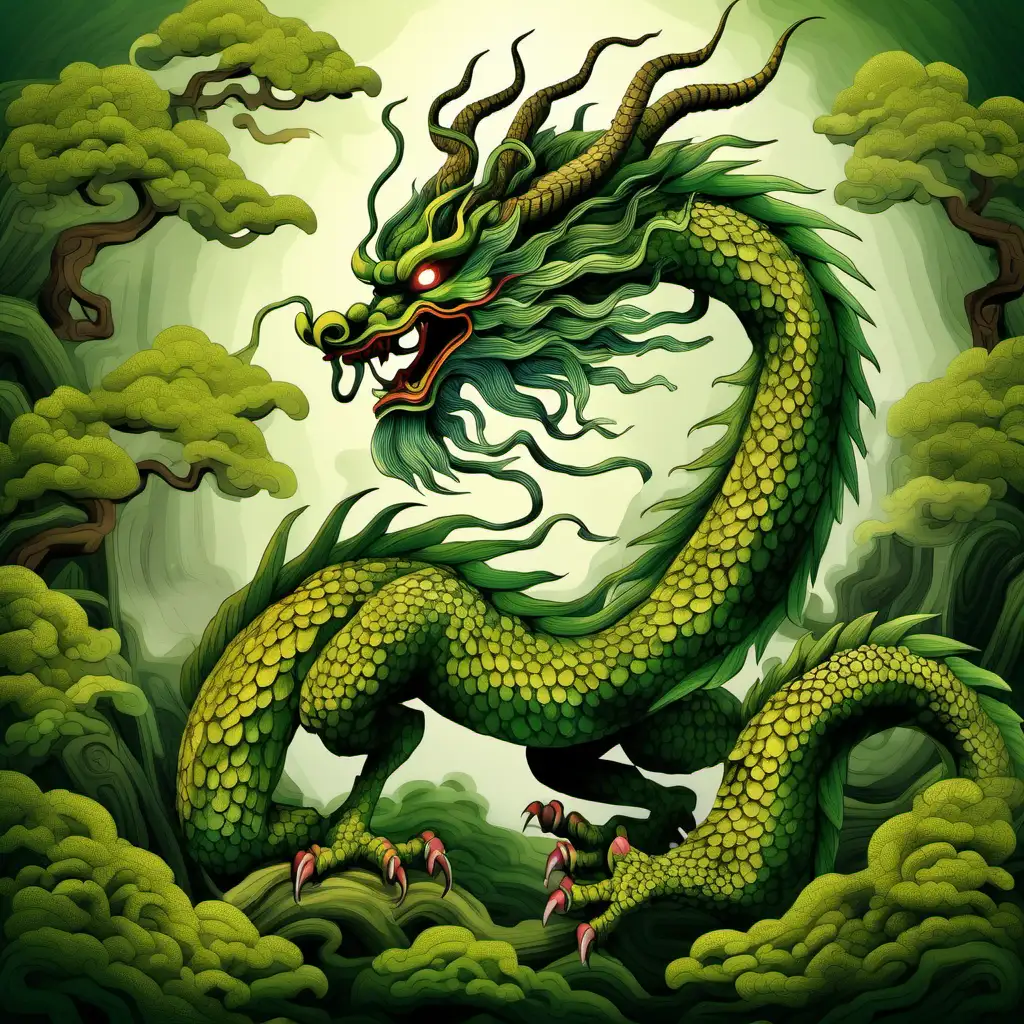 mythological chinese dragon of the forest painted in the style of ancient asian art art no wings mossy and green