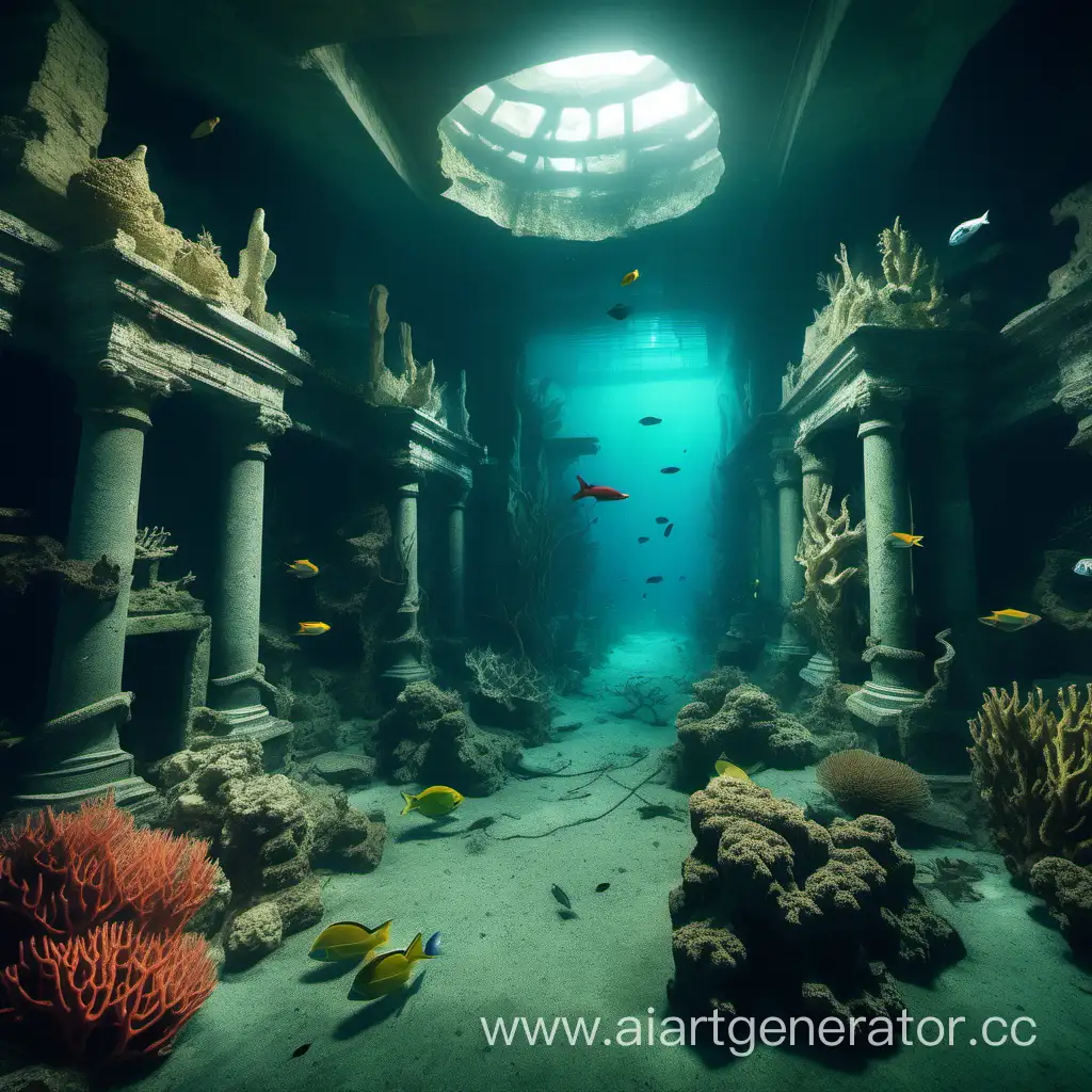 тайны глубины с головой затонувшей статуей, рыбами, кораллами и разваленнами в хаосе