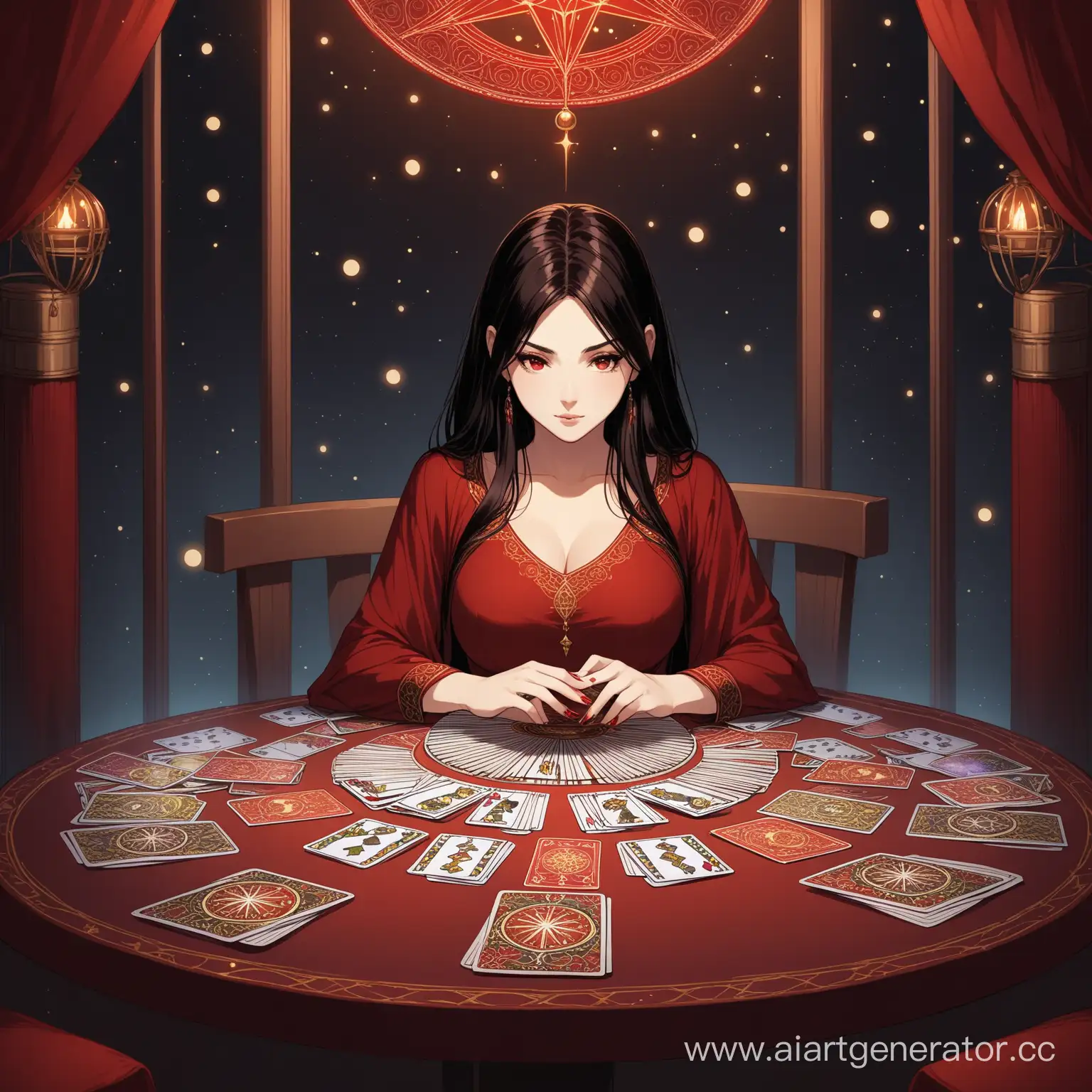 Mystical-Girl-with-Dark-Hair-and-Red-Eyes-Reading-Tarot-Cards