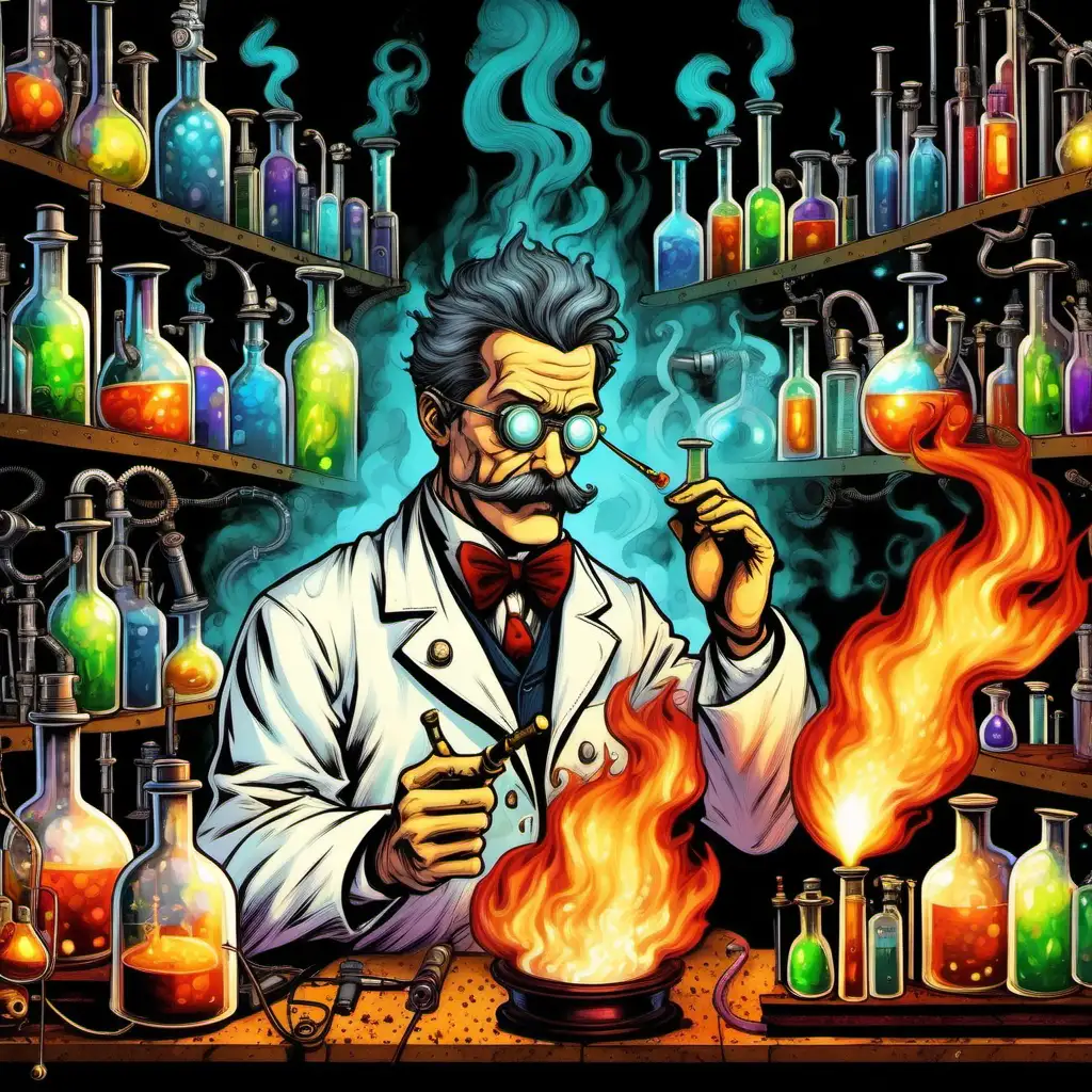 un scientifique fantaisiste sans moustaches avec une tête de feu, en blouse blanche, qui fait des expériences en manipulant des esprits sous formes de fumées dans des tubes dans un laboratoire dégueulasse mais beau. En mode steampunk avec des flammes à la place de la tête. Moins académique. Plus de couleur. Dans les fioles, des âmes humains qui représente les dynamiques sociales. Des visages humains dans les fioles. Pas de moustaches sur le visage du scientifique