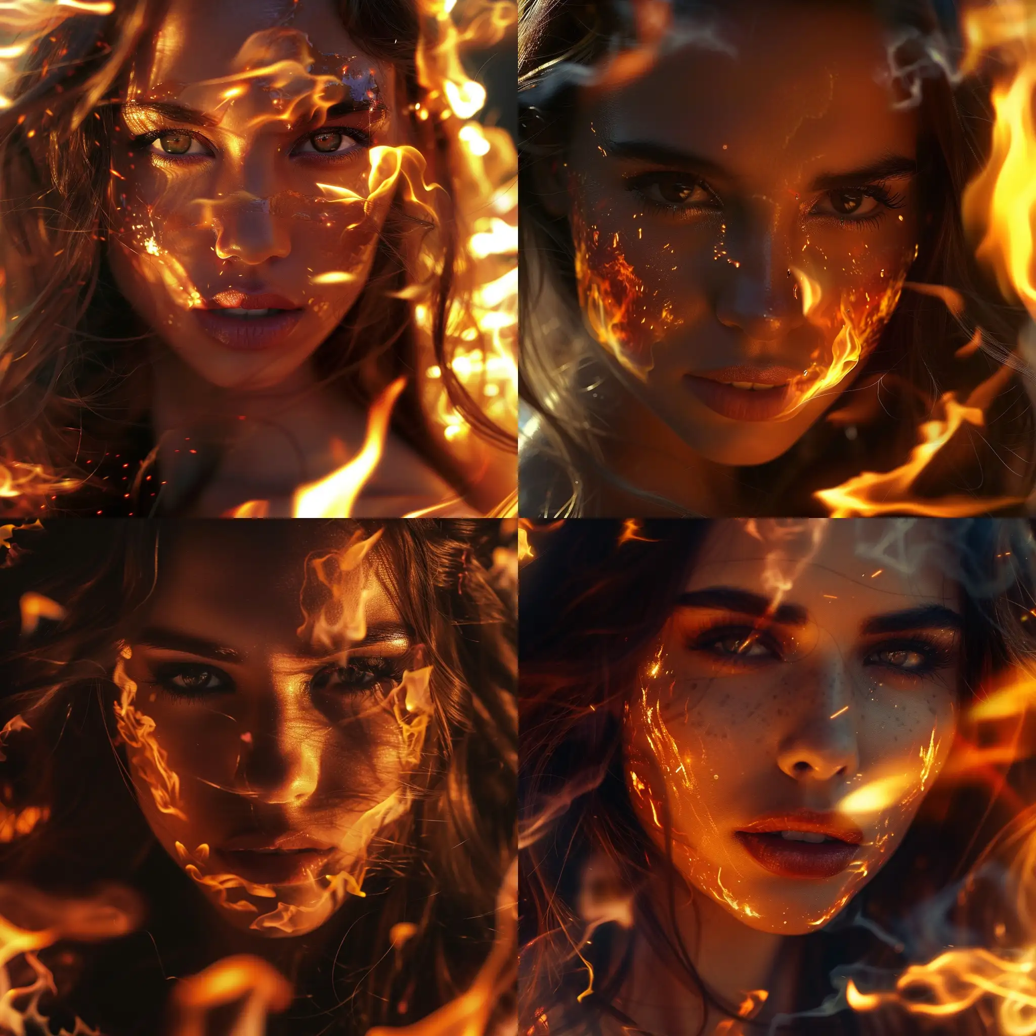 A close up image of a beautiful woman with flames around her face. Stark, surreal, beautiful, disturbing, arresting 