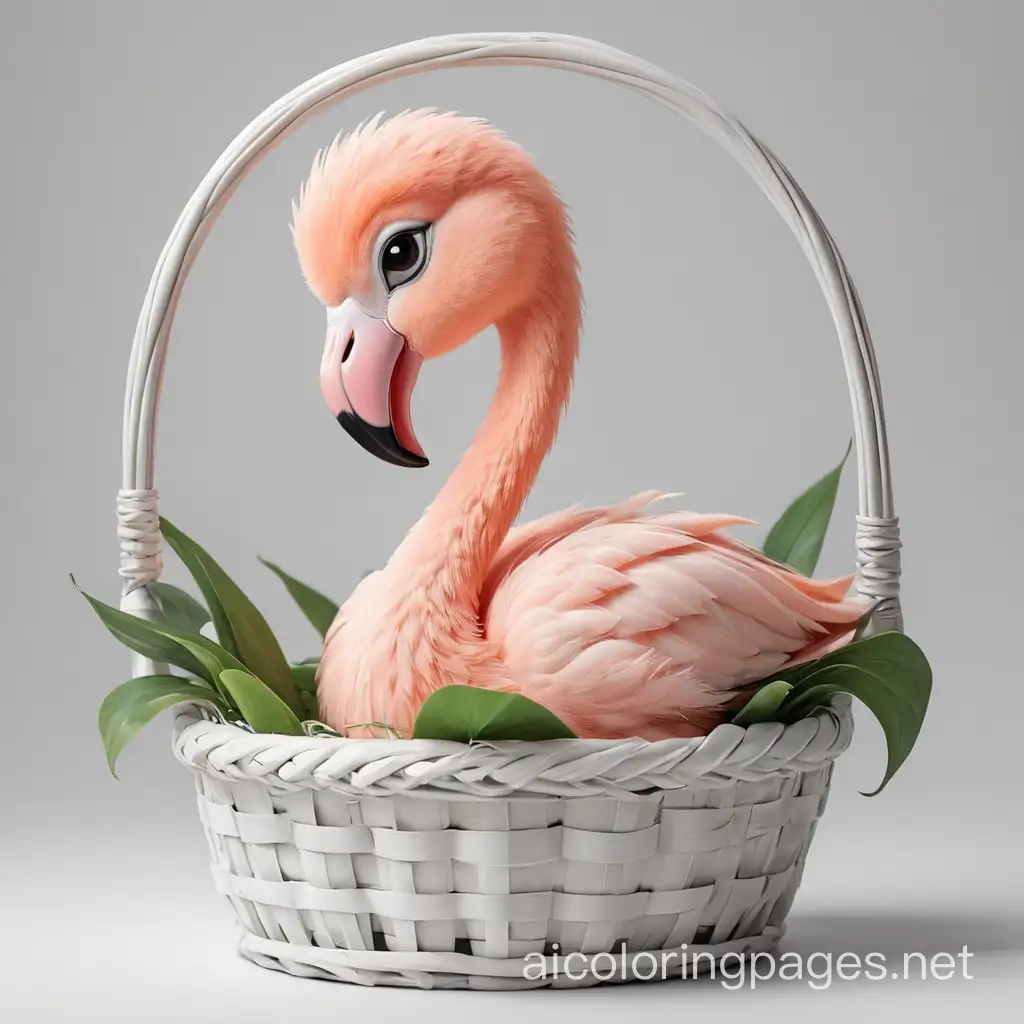 Cute baby flamingo sitting in a basket, Coloring Page, black and white, line art, white background, Simplicity, Ample White Space. The background of the coloring page is plain white to make it easy for young children to color within the lines. The outlines of all the subjects are easy to distinguish, making it simple for kids to color without too much difficulty