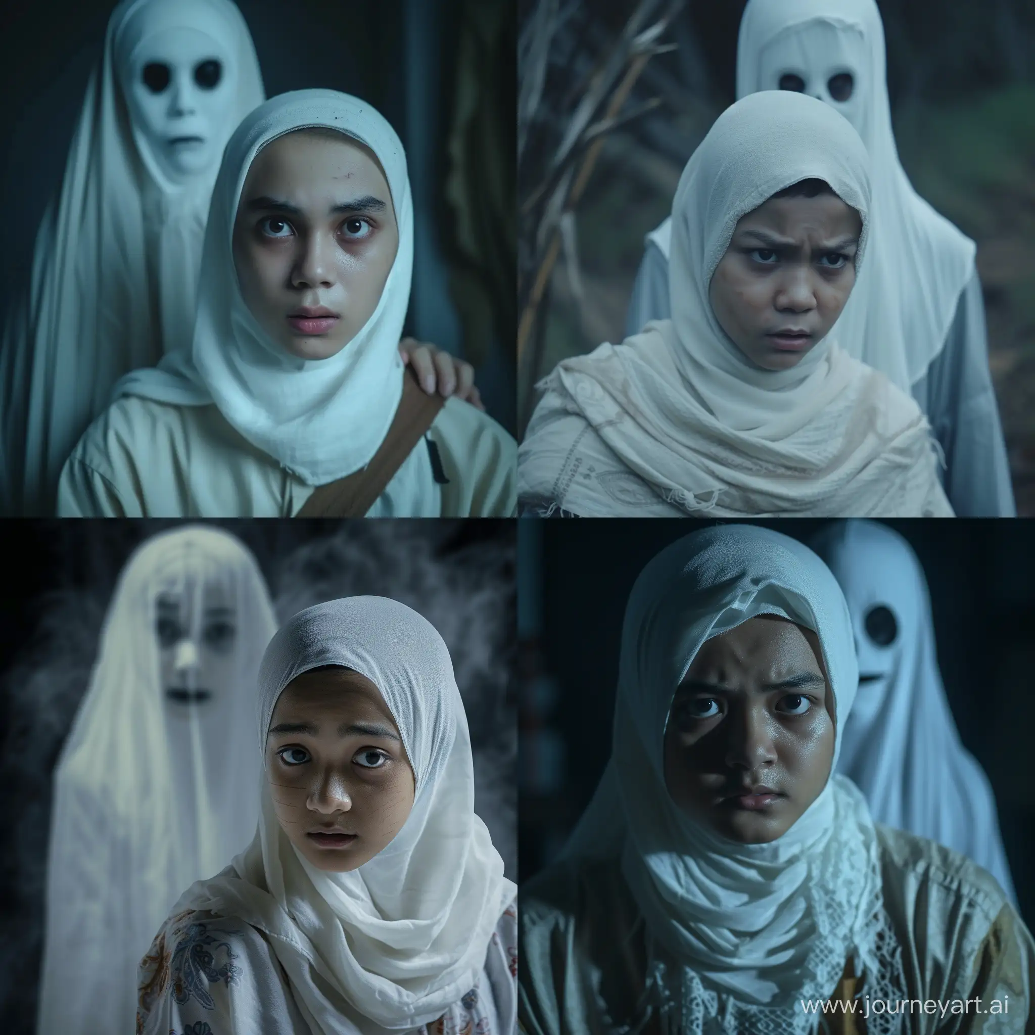 A 29 years old young indonesian girl wearing a white head and neck covering with a white hijab. He looked frightened with his gaze facing downwards and his eyes downcast. There was a white ghost figure behind him with a scary face, movie horor scene 