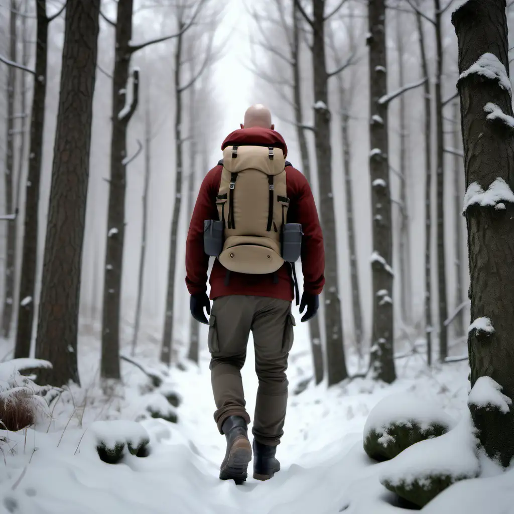 Create a hyper realistic image of a guy, light skin toned, fit body shape, bald head , one day old beard. He is walking with his backpack and hiking clothes and boots in a nordic forest. Seen from his back. 70mm, 1080p resolution, volumetric lightning, ultra 4K, high definition, snow is falling