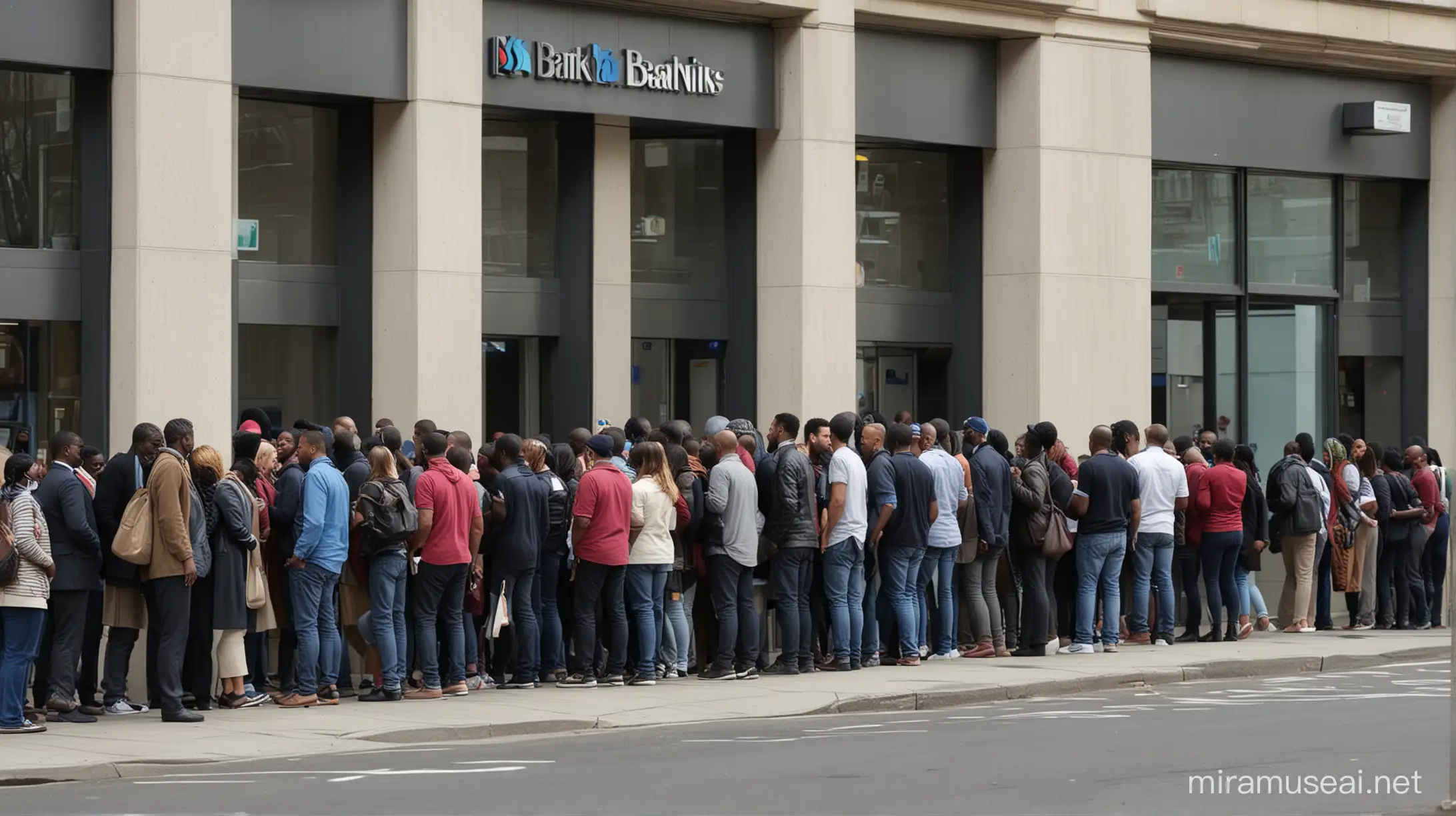 people outside a (bank)+ waiting in line trying to withdraw money 