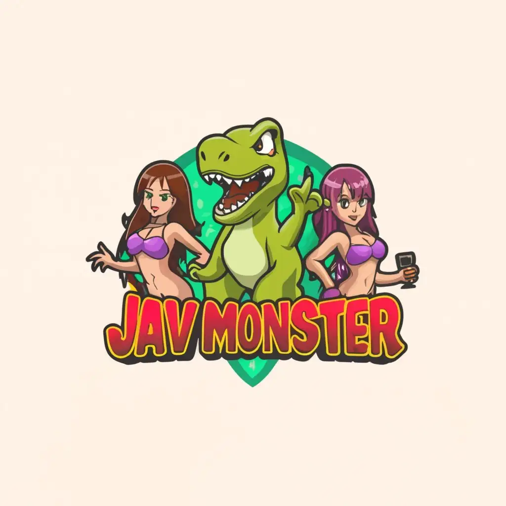 a rectangular logo design, with the text 'JAV MONSTER', main symbol: a funny and cute dinosaur with two provocative and attractive Asian idol girls wearing revealing bikinis, complex, to be used in the Adult Entertainment industry, clear background