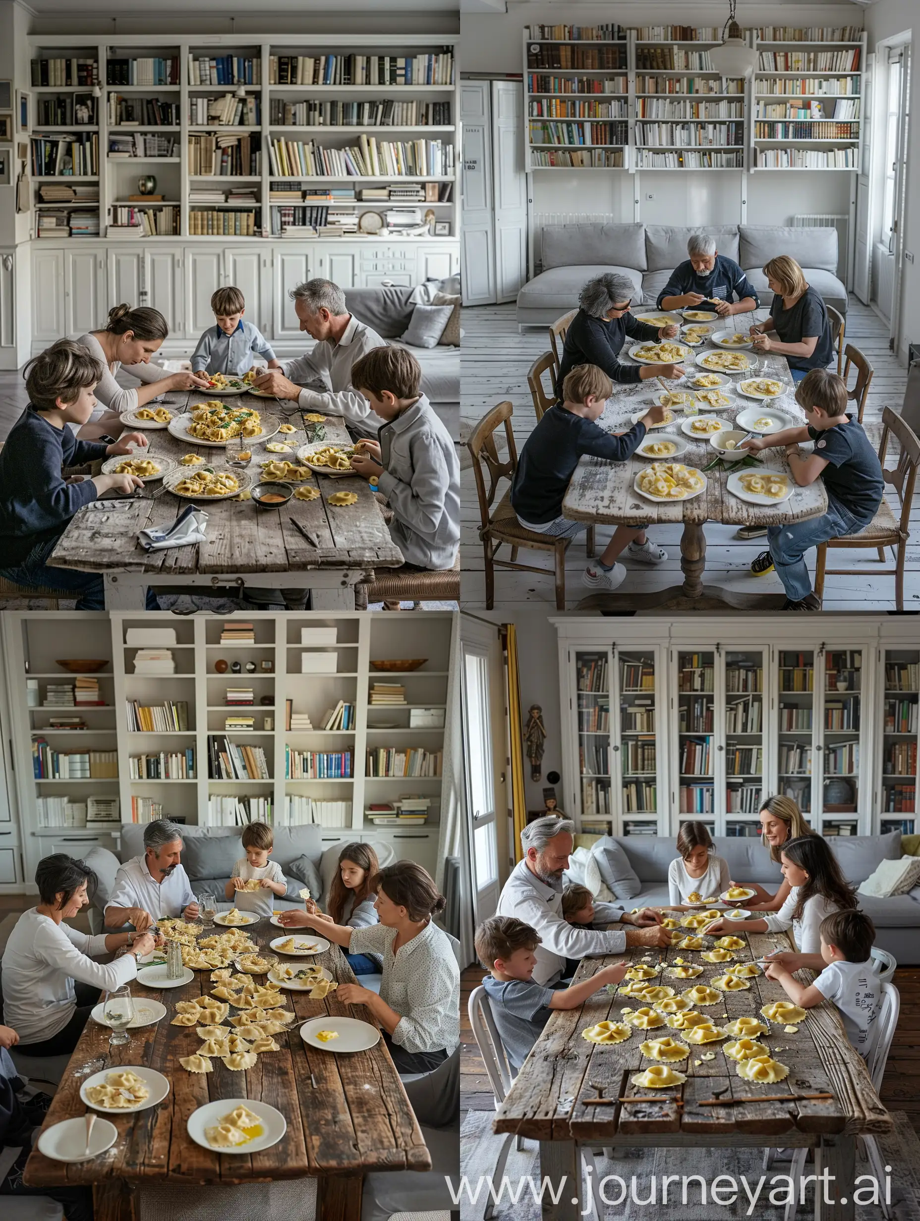 seven people are at dinner, two 50-year-old fathers, two 40-year-old mothers and three 8-year-old sons, they are sitting around an ancient wooden table, they are eating stuffed ravioli seasoned with butter and sage, in the room there is a three meter long white bookcase on the wall full of books, in the room there is a three-seater gray sofa with chaise longue, 8pm in the evening
