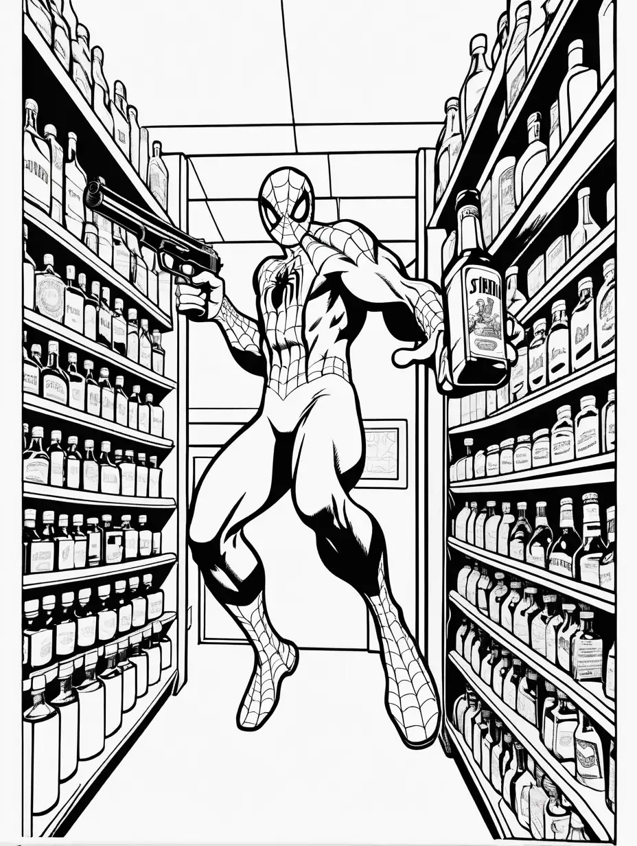 Adult Coloring Book, spiderman holding gun, holding liquor bottle, running from florida store, black outline, high contrast
