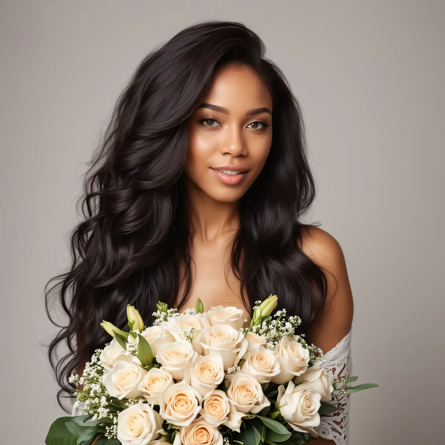 gorgeous light skin black woman with long hair and flower bouquet, luxury