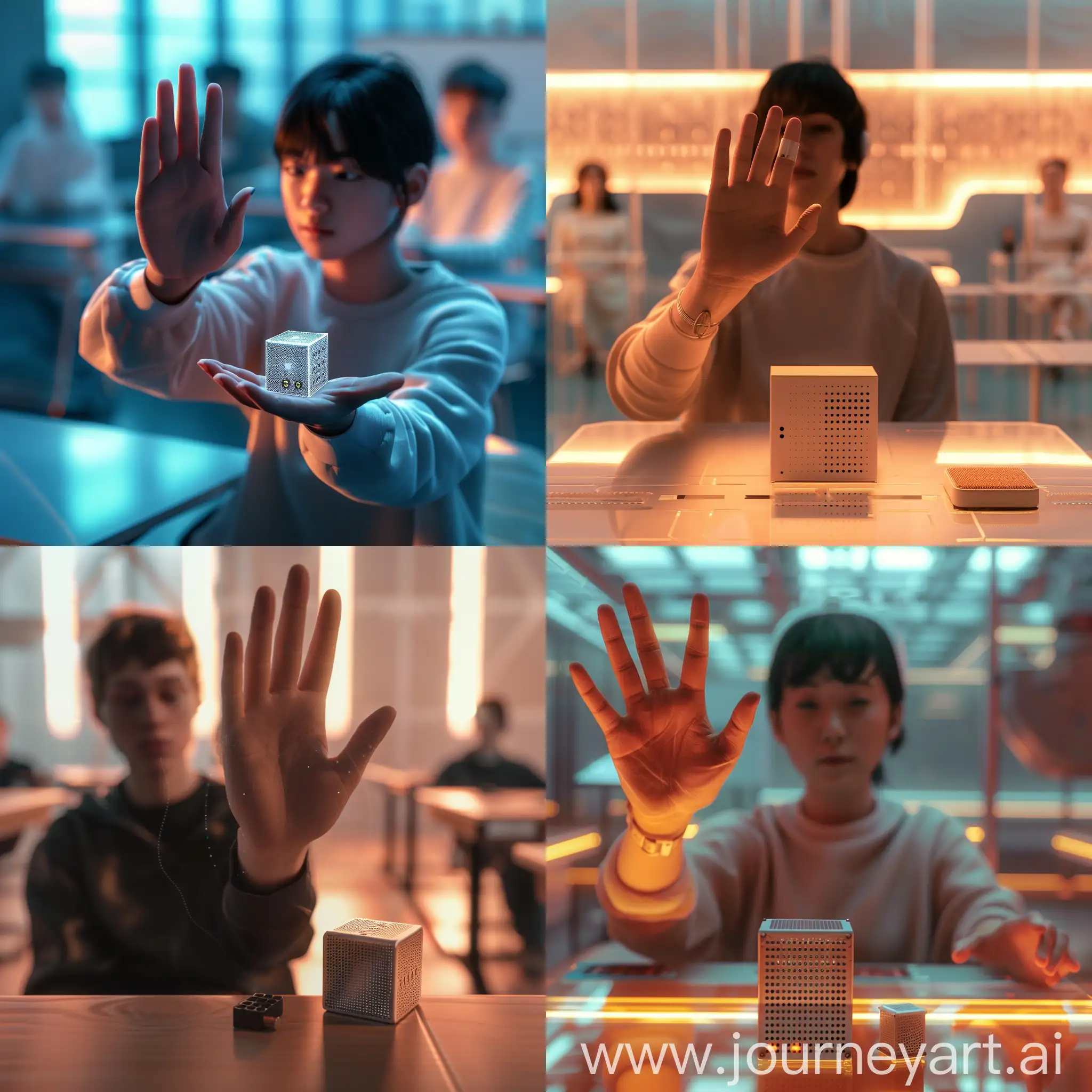 photo realistic Hyperbole,8k photo of a person sitting in front of the camera, one hand raised , palm facing down, small box with tiny holes, small box has tiny speakers,  under the palm of the hand, palm faced down, in an educational environment, the image focuses on their upper body and hands as they interact , which are indicated by their focused gaze and hand movements in the empty space in front of them, The person is surrounded by a futuristic classroom setting, illuminated with soft, ambient lighting,