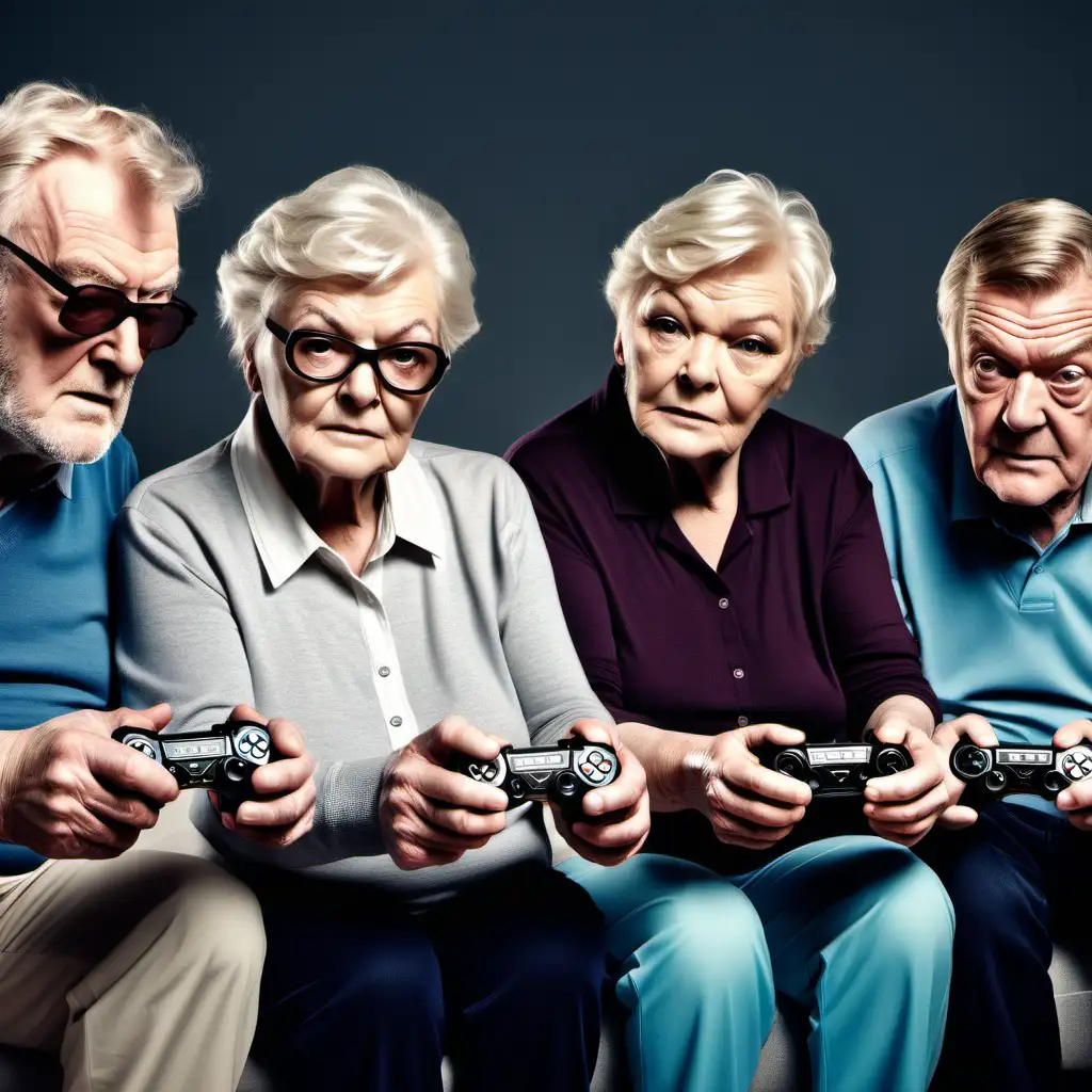 4 elderly people playing a video game. One looks like Michael Caine, another like Brendan Gleeson, Another like brian cox and a femal like judy dench