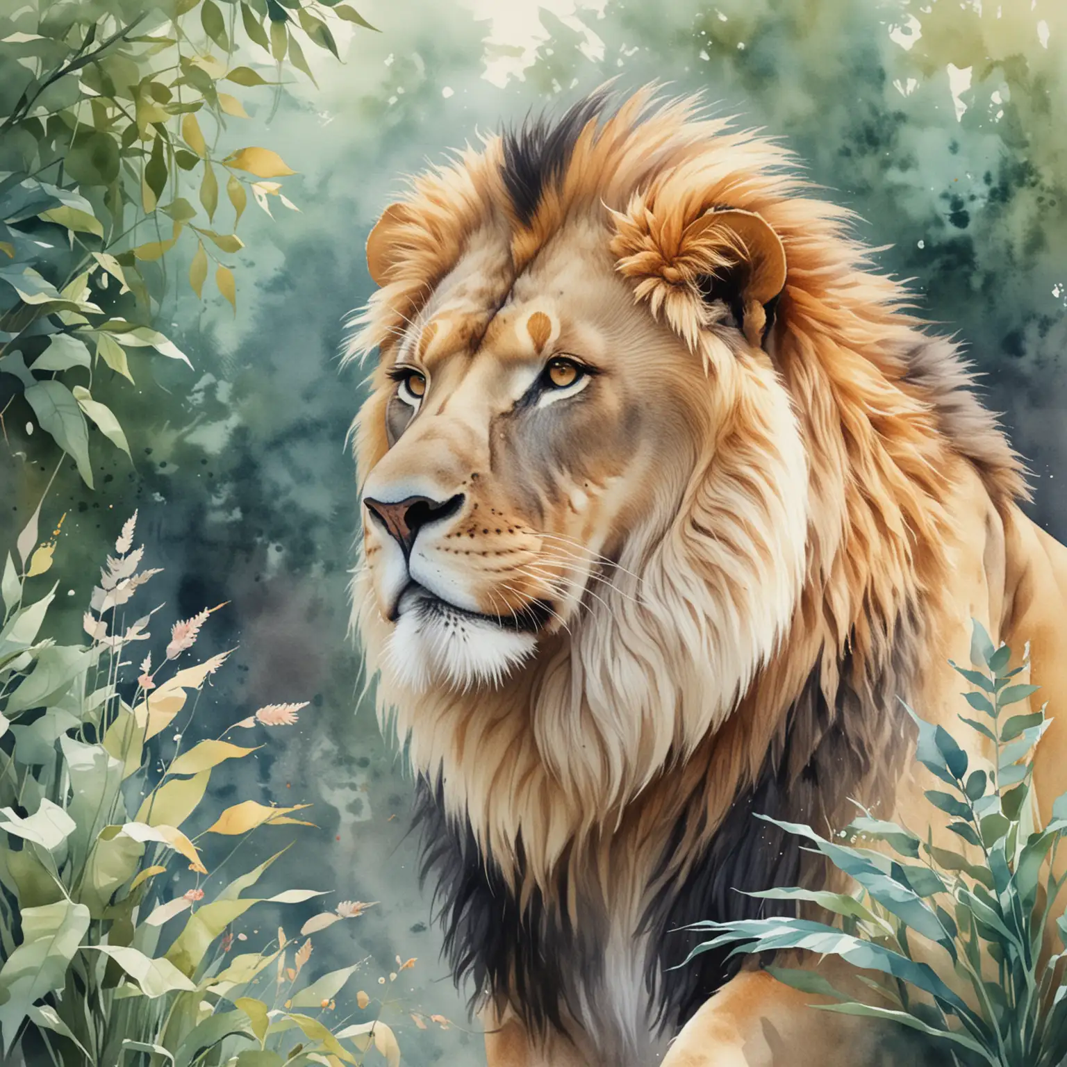 a lion in the zoo, subtle color cascade, painterly style, watercolors