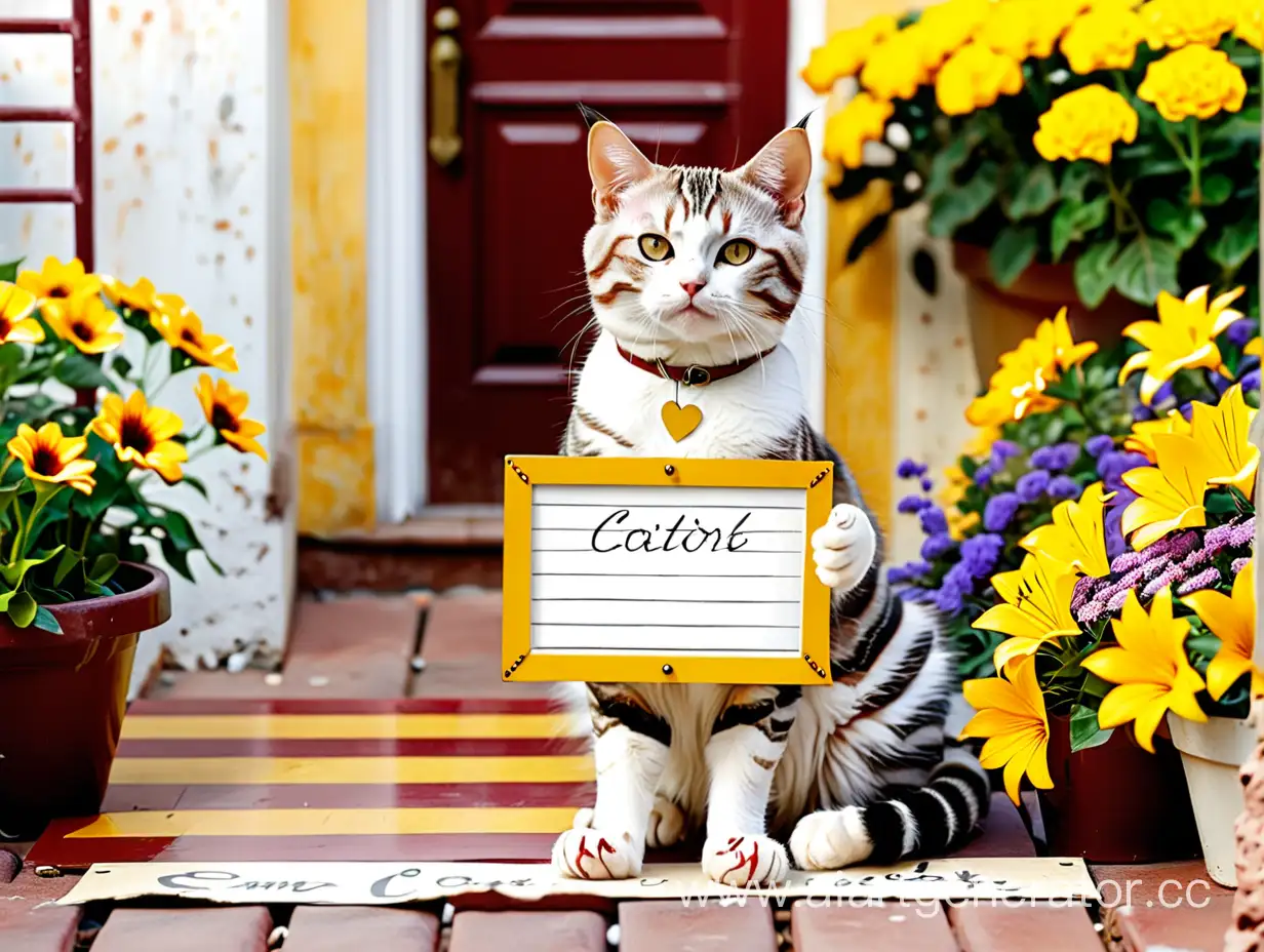 полосатая кошка с табличкой в лапах . на фоне террасы с цветами . используй белый, бордовый и желтый цвет