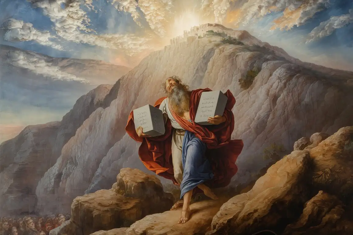 Create an oil painting that portrays the biblical moment when Moses descends Mount Sinai, holding the Ten Commandments stone tablets. The scene unfolds in a dramatic and awe-inspiring landscape. Moses, a venerable figure with a flowing beard and robes, stands prominently at the center, his face glowing with a radiant light indicating his divine encounter. He holds two large stone tablets, inscribed with the commandments, firmly in his hands.

The background features the rugged, imposing slopes of Mount Sinai stretching upwards, shrouded in a mix of mist and celestial light that seems to emanate from the peak, suggesting the presence of the divine. The sky above is a dynamic canvas of swirling clouds, perhaps reflecting the turbulent emotions of the moment—awe, reverence, and solemnity.

Below, the Israelites can be glimpsed in the distance, their faces turned upward in anticipation and awe as they await Moses’ descent. The painting should capture the pivotal moment of religious revelation with a profound sense of majesty and gravity, emphasizing themes of law, guidance, and divine interaction. The color palette is rich with earthy tones of the mountain and vibrant lights to highlight the supernatural aspect of this event.
