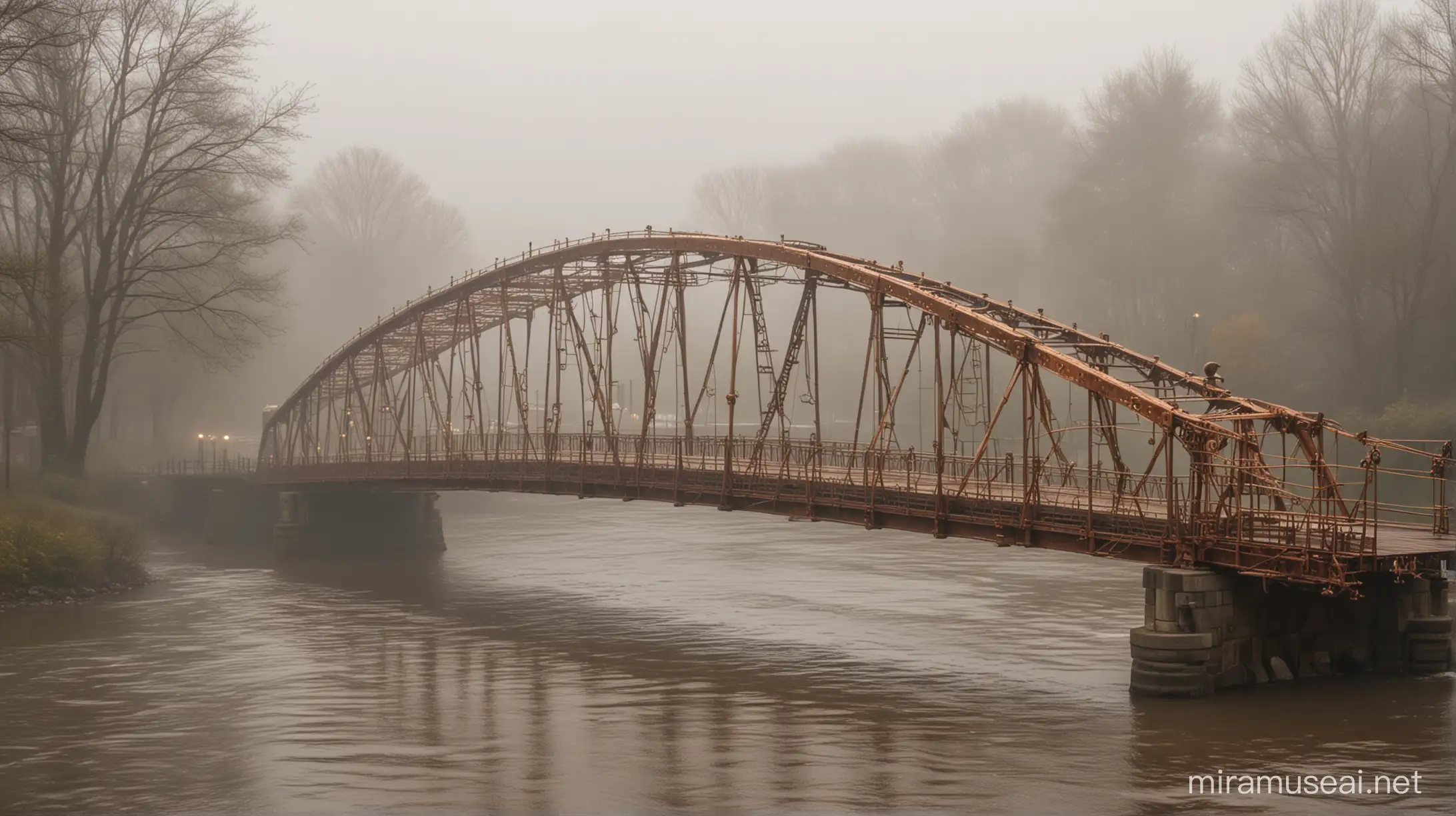 distant view of a steampunk bridge over troubled river. the bridge is made of copper and brass. fog and rain.