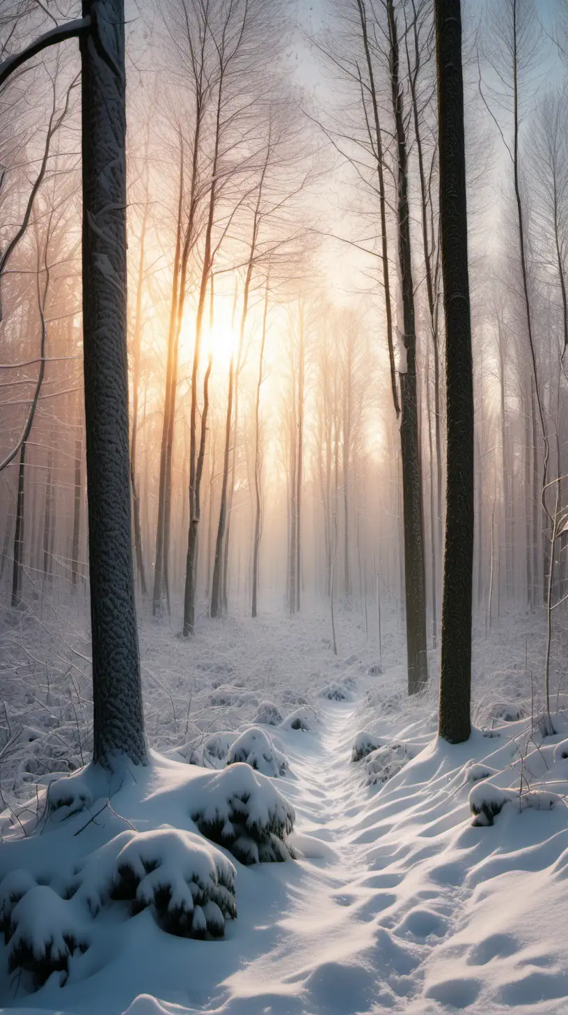 snow landscape forest, ambient sunrise light
