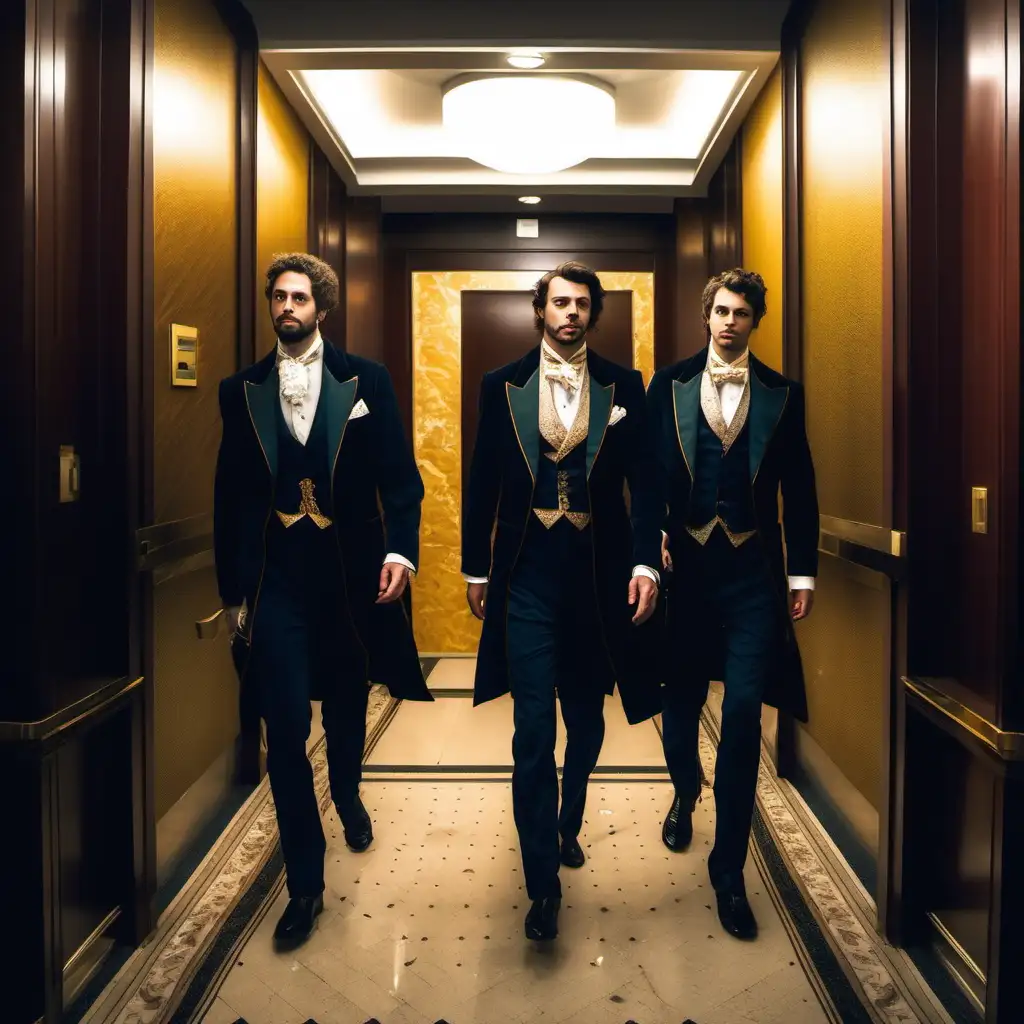 Elegant Trio Emerging from Elevator in Aristocratic Attire