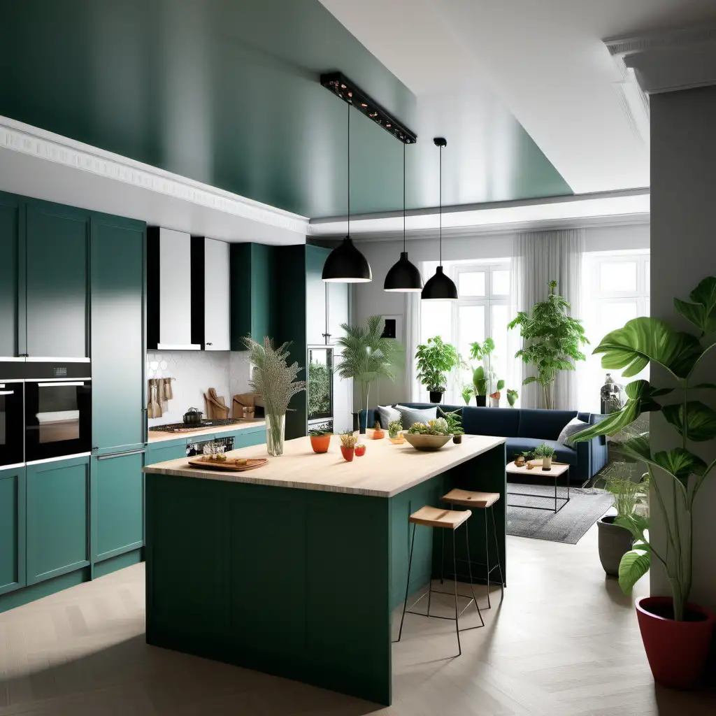 Spacious 6Person Kitchen with Vibrant Colors Mirror and Plants