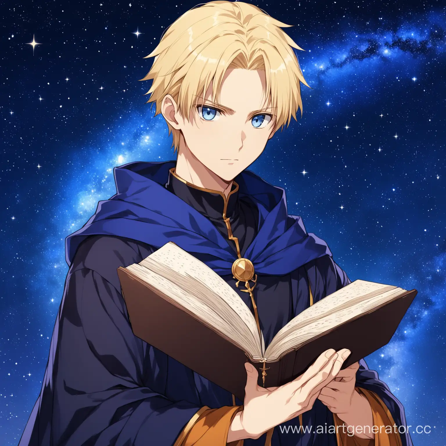 draw a young human male in the style of the anime "fate/ zero". He is a young mage with straight, long blonde hair which. he has blue eyes and a serious look on his face. he is wearing a black mage robe with a pattern on the robe made of thin blue curvy lines. in his right hand, he is holding an open spellbook. the background behind him is a starry night sky