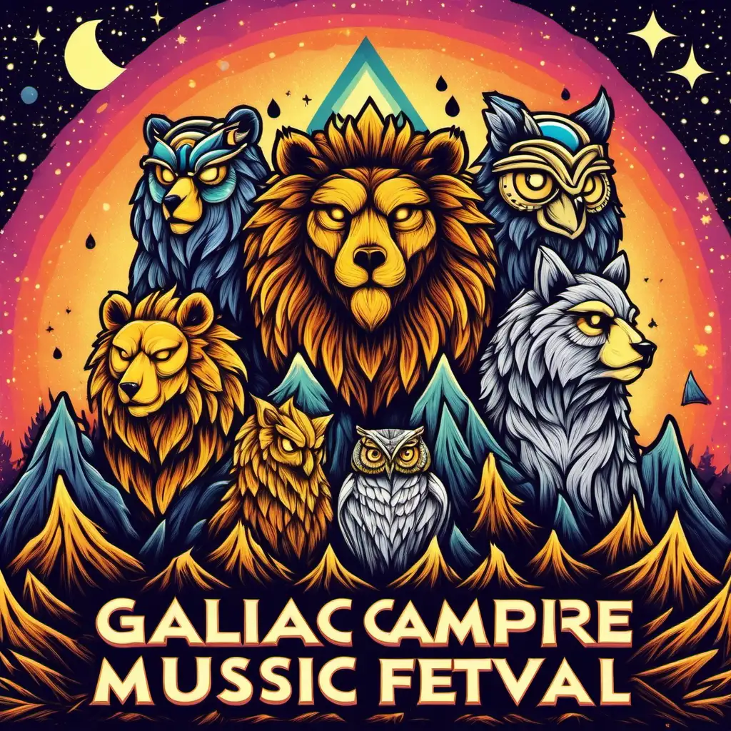 Celestial Harmony Galactic Campfire Music Festival with Lion Bear Wolf and Owl