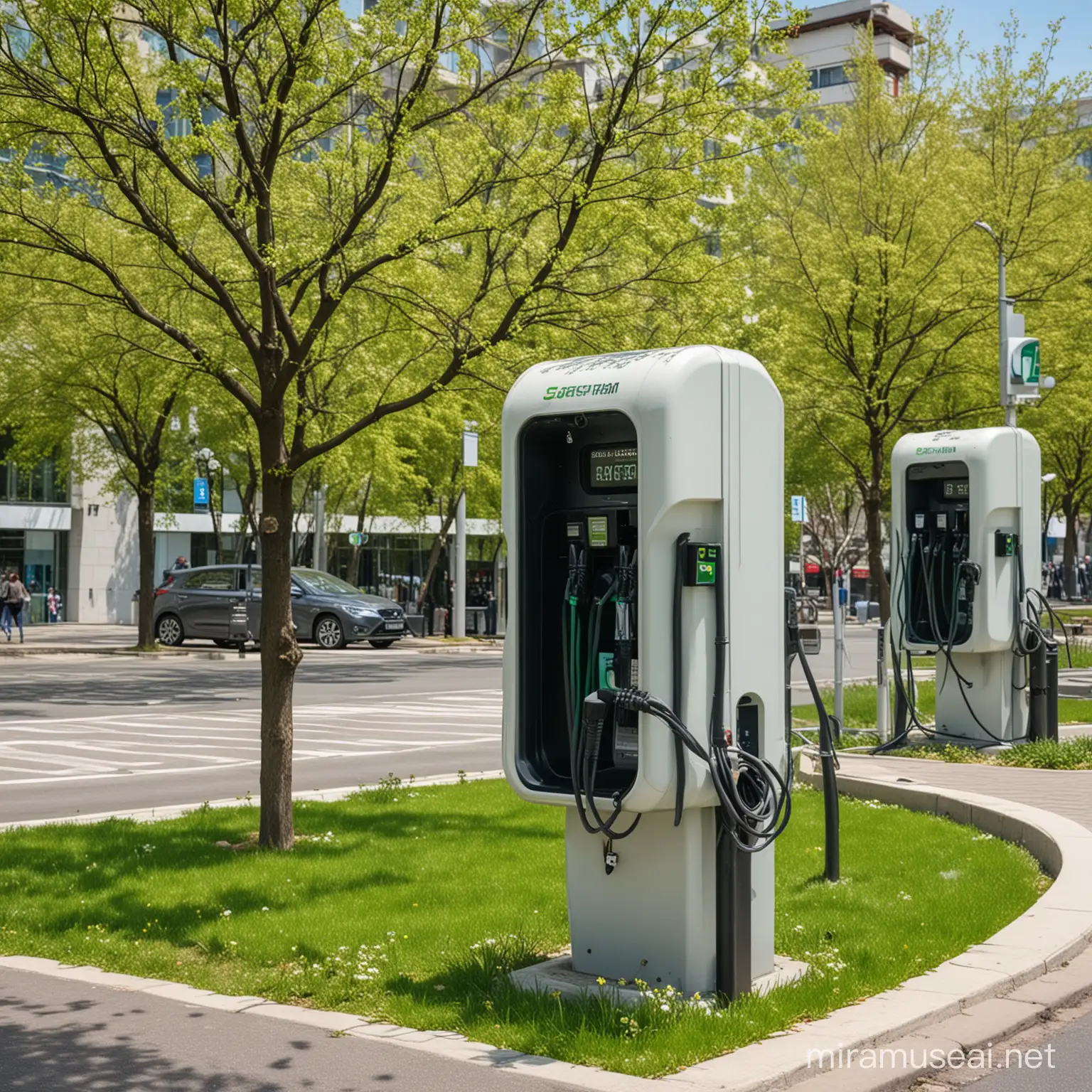 A beautiful spring day in Sofia Bulgaria. Close up of Alpitronic hypercharger hyc 150 charging stations in the parking lot. Green blooming spring trees around the parking lot. A green park behind and a large shopping mall in the distance far behind.