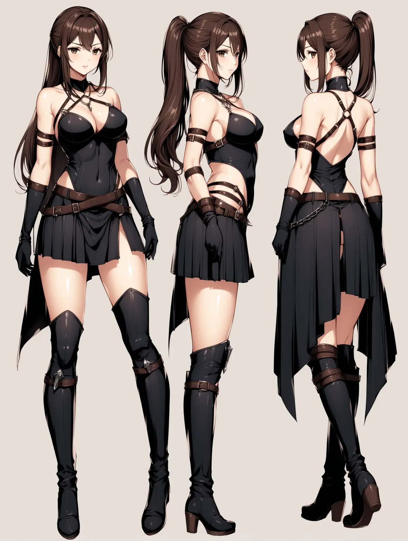 Full body picture of a sensual anime girl, age 25, long body height, breasts size DD, big hips, wavy brunette hair, bangs, long ponytail, huntress outfit in black colors with brown details, front and back sides skirt, open skirt on laterals, knee high boots, one leg side belt with a dagger on it, necklaces, one side arm band, long elbow gloves, view of 2 poses with front and rear sides show