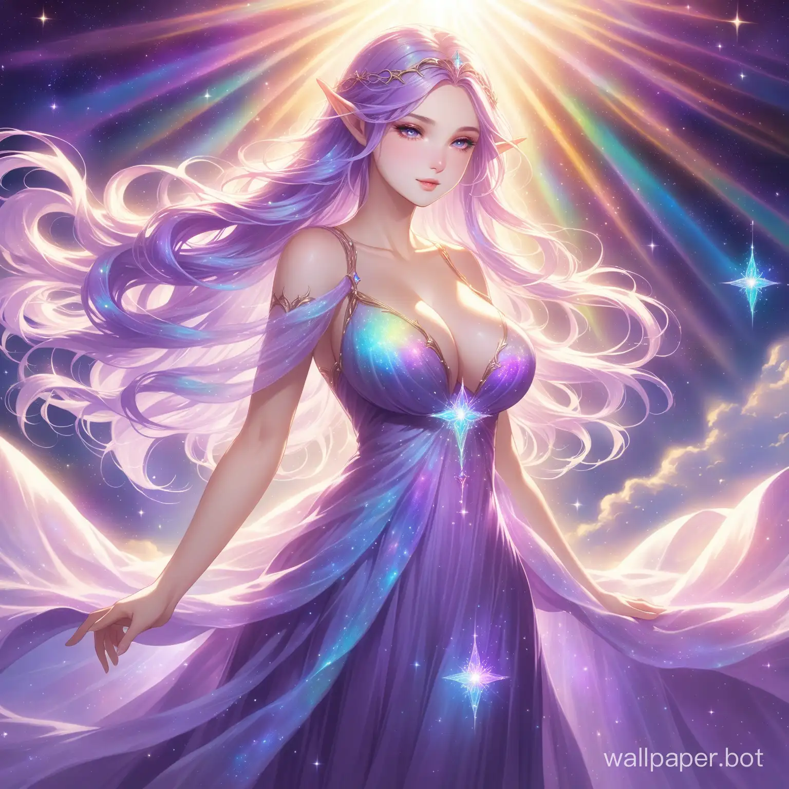 Enchanting Elf Witch Girl with big breasts in a Lavender Gown, her hair looks like a nebula of colour (glow, god rays, ethereal, dreamy, heavenly, otherworldly, dream-like, breathtaking, captivating, divine)