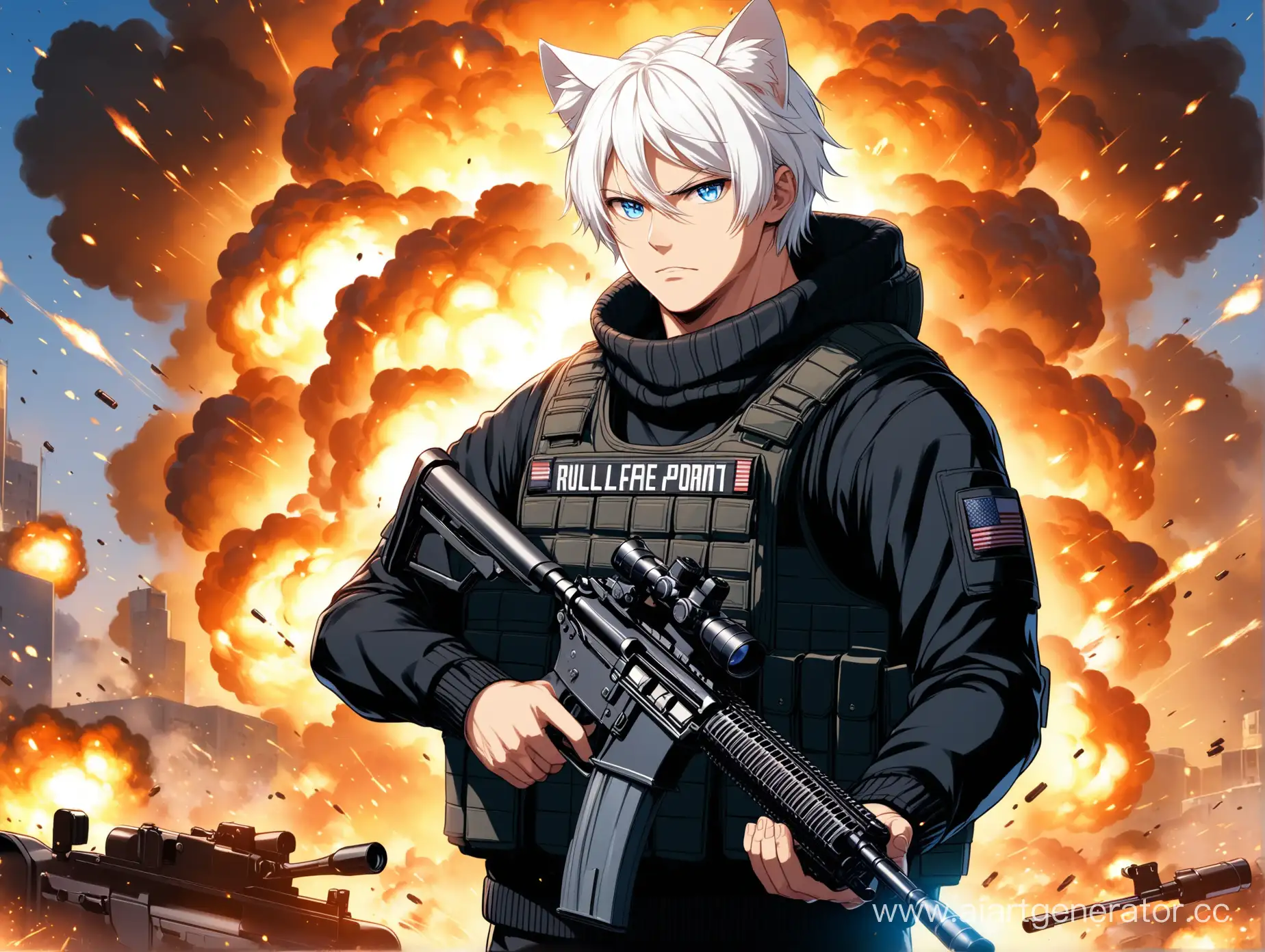 Мужчина с белыми волосами, с кошачьими ушами, с винтовкой в рук и в бронежилете, в чёрной кофте, с голубыми глазами, а фон со взрывами