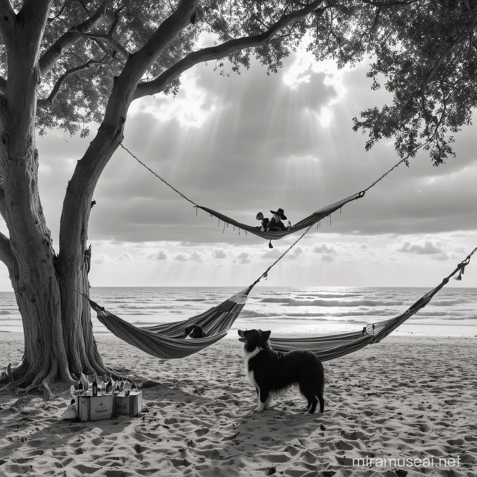an old Englishman with a big straw hat sits in one hammock between old trees on a beach, and celebrating his seventy seventh birthday, a large black sea monster is swimming in the sea in the background and one black and white collie dog is sitting underneath the hammock, five empty wine bottles are in the sand under the hammock, the sun cast shadows but the clouds are dark and there is a heavy wind,