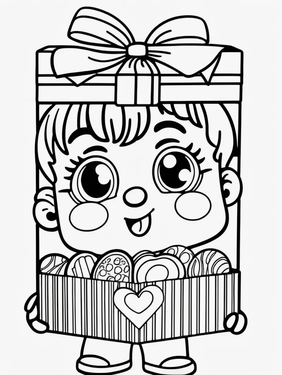 b/w outline art for coloring book page: Box of chocolates cartoon, with a face themed, cute, romantic element, coloring page:  (((((white background))))). Only use outline, cartoon style, coloring book, clean line art, 