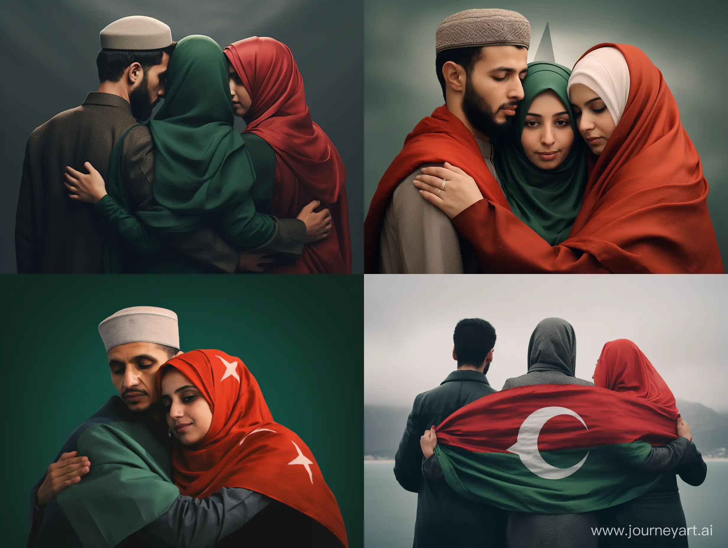 Image design de 3 personne d'origine marocaine, algériens et tunisien se tenant dans les bras comme des frères avec leurs drapeaux d'origine et au dessus d'eux le drapeau de l'islam 