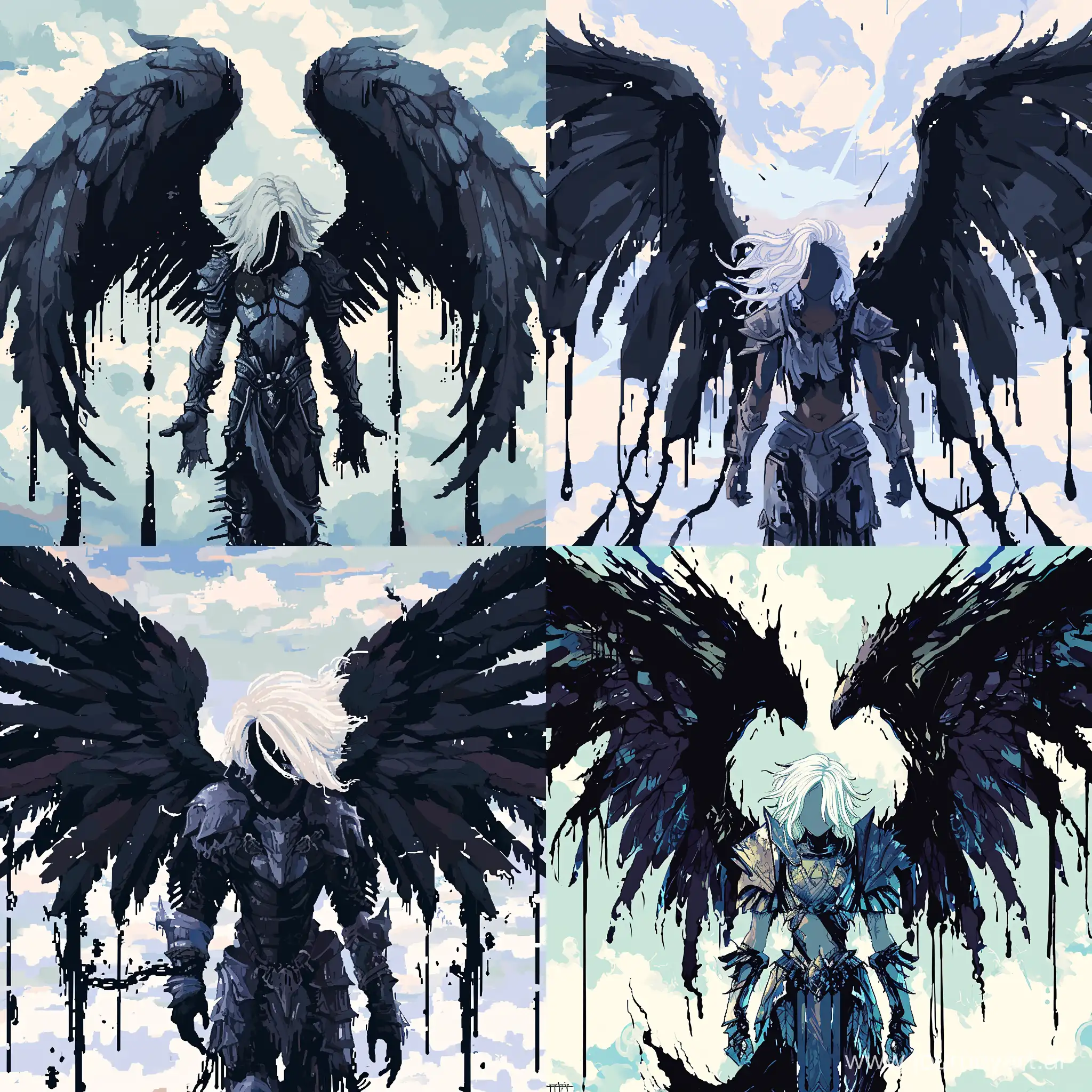 128 bit pixel art, dark angel with large black wings, standing in front of a sky background with white and blue hues, the angel has white hair and is wearing a armor-like outfit, the wings are spread out and there are black paint drips trailing from them