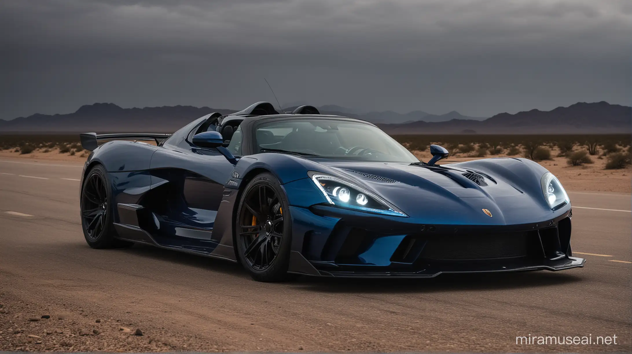 Against the background of a gloomy night, deep in the heart of a silent desert, peace breathes heavily. Suddenly, a dark blue Hennessey Venom F5 Roadster bursts out of the darkness, looking like a gladiator ready for battle. Standing in front of the road, it faces the future, its powerful headlights cutting through the darkness, illuminating the path ahead. It seems that time freezes in anticipation of the moment when this beast will pounce on its prey, instantly disappearing into the night. The world around is filled with expectation; the desert is watching this performance of power and beauty with bated breath.