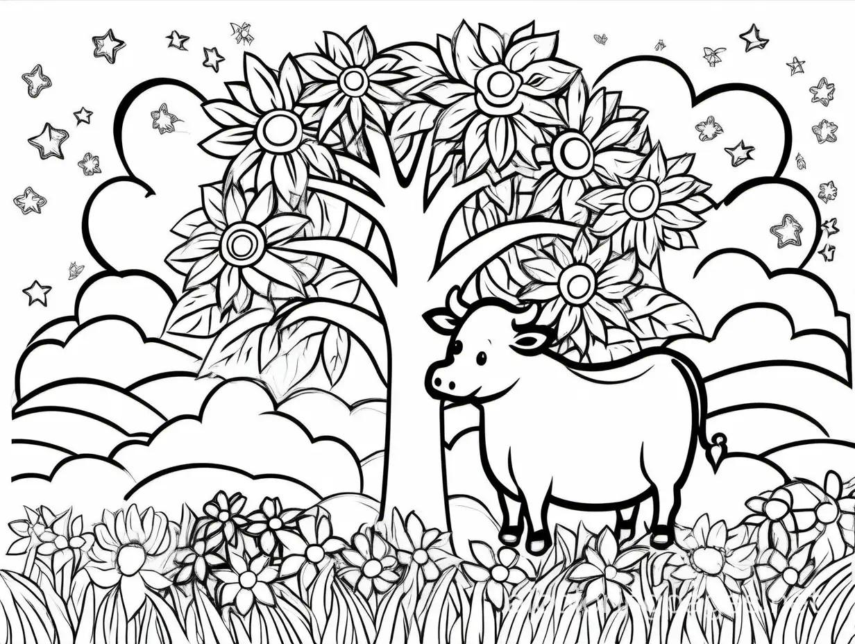 creative summer cloud sky and tree, medium cow floral flower coloring page black and white, Coloring Page, black and white, line art, white background, Simplicity, Ample White Space. The background of the coloring page is plain white to make it easy for young children to color within the lines. The outlines of all the subjects are easy to distinguish, making it simple for kids to color without too much difficulty