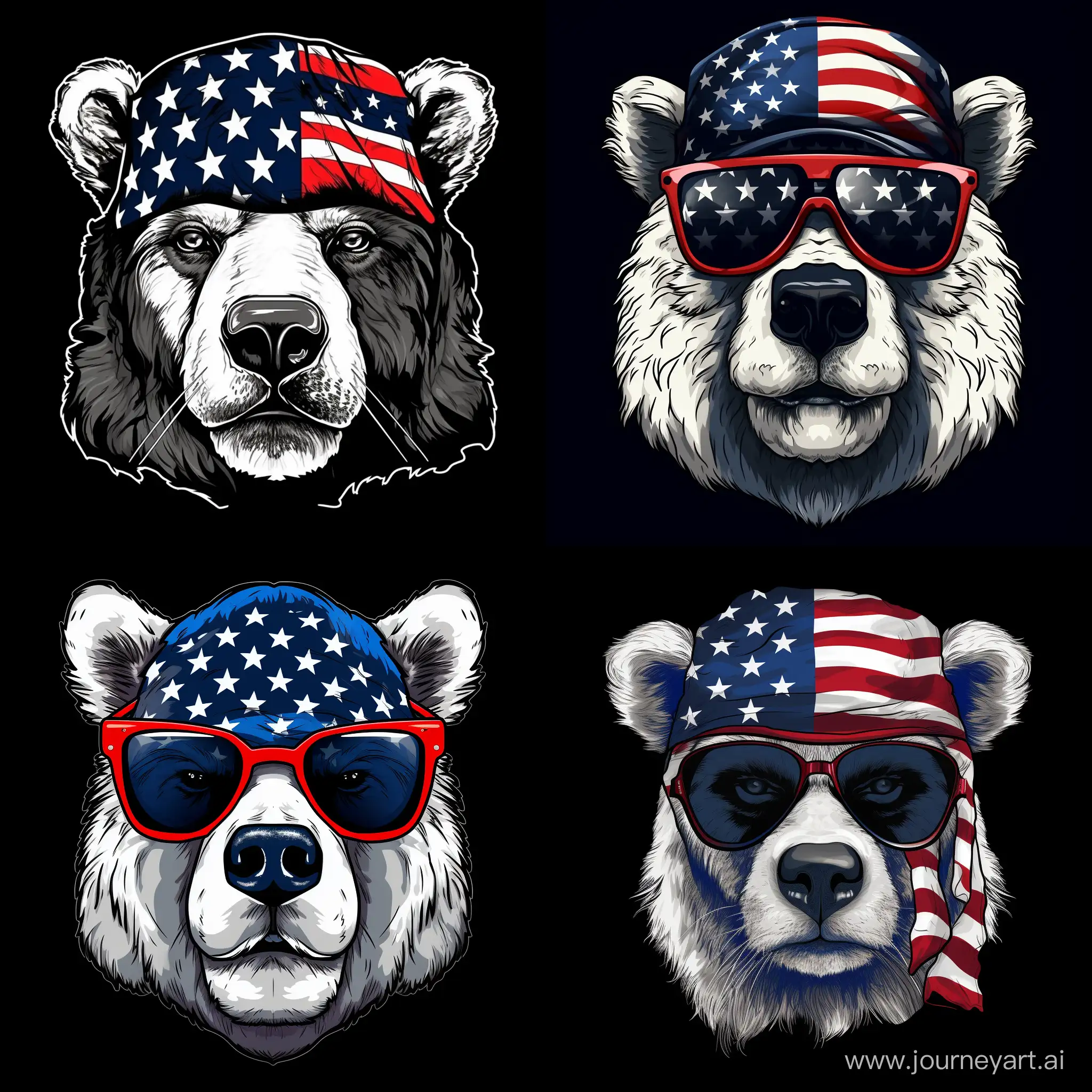 T-shirt print vector white bear with an American flag tied in a bandana on his head on a black background