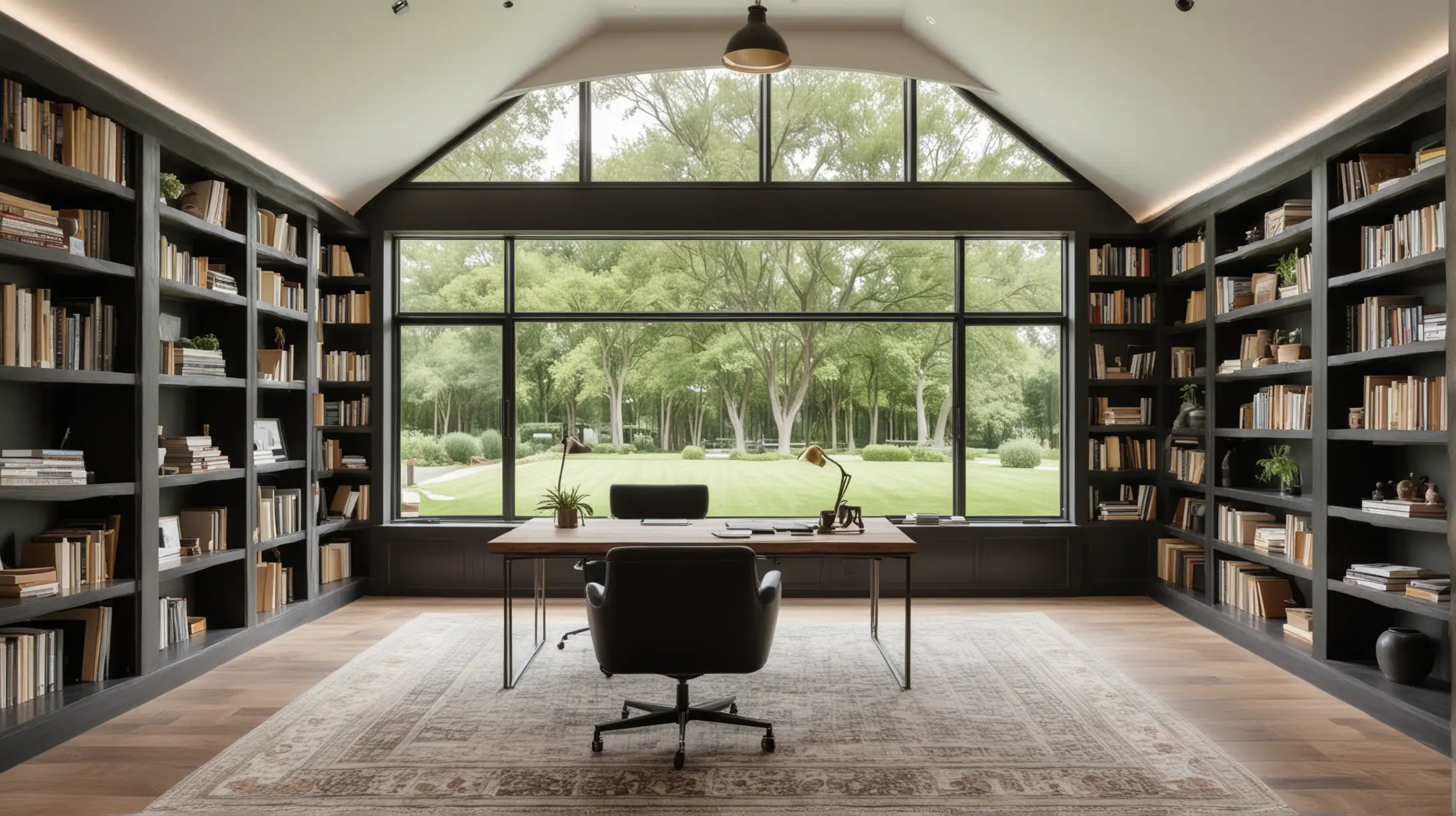 an 'Old Money' inspired modern French farmhouse with black roof home office with floor to ceiling bookshelves, large window with view of the gardens, walnut wood, ivory, brass,   