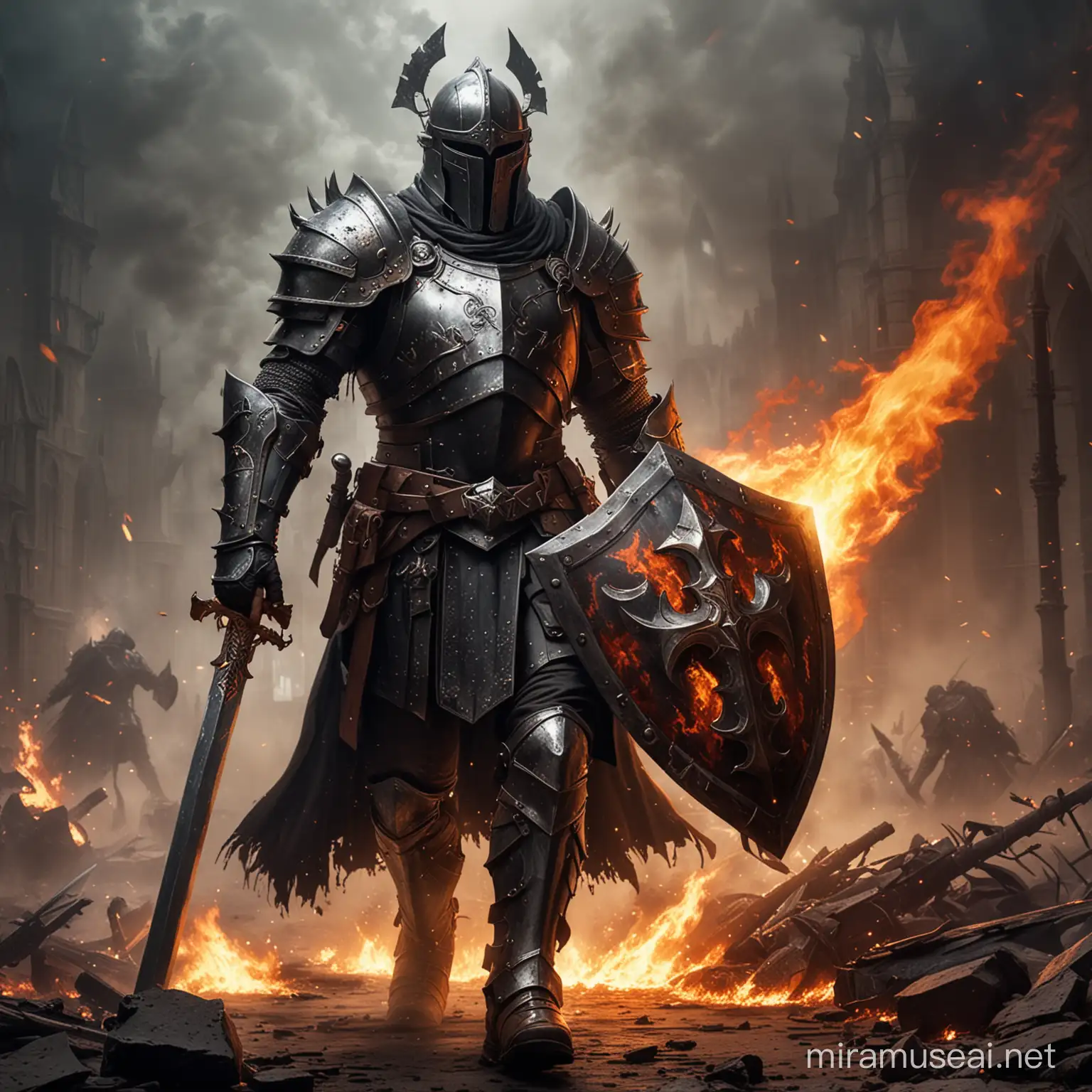 a fallen paladin, man with dark armor with dark flaming sword and a shield on back, also wearing a crusader's helm