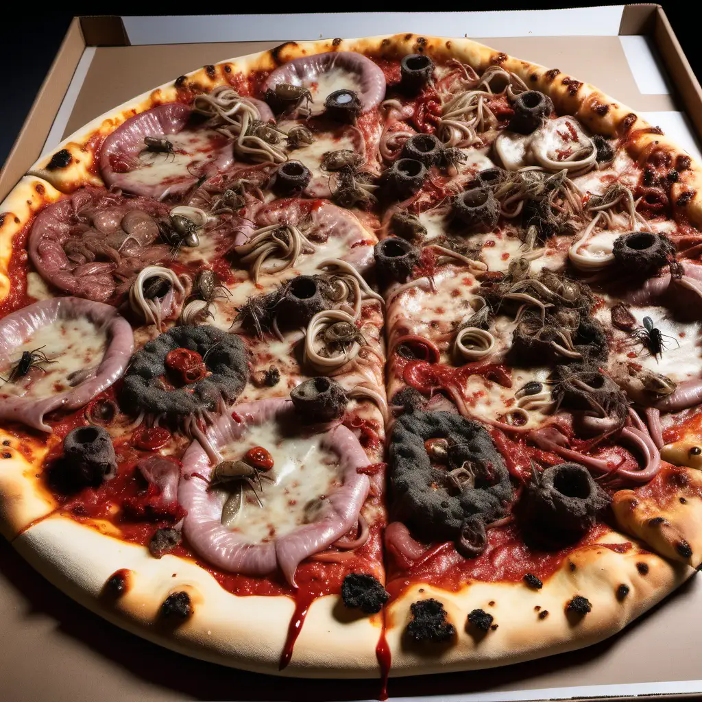 Disgusting pizza full of rotten meat, maggots, offal, blood, bugs, and feces.