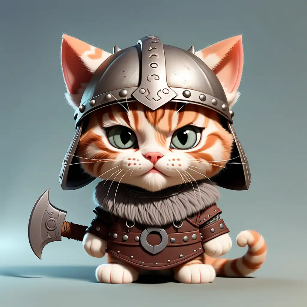 a cute kitty in cartoon style with viking clothes with viking helmet with clear background