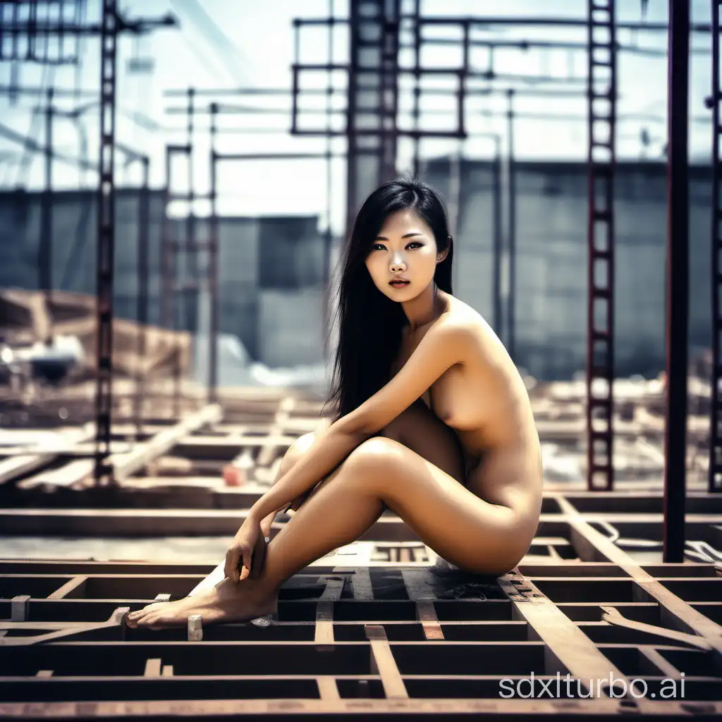 Beautiful young Naked Chinese woman sitting on a distribution board at a construction site