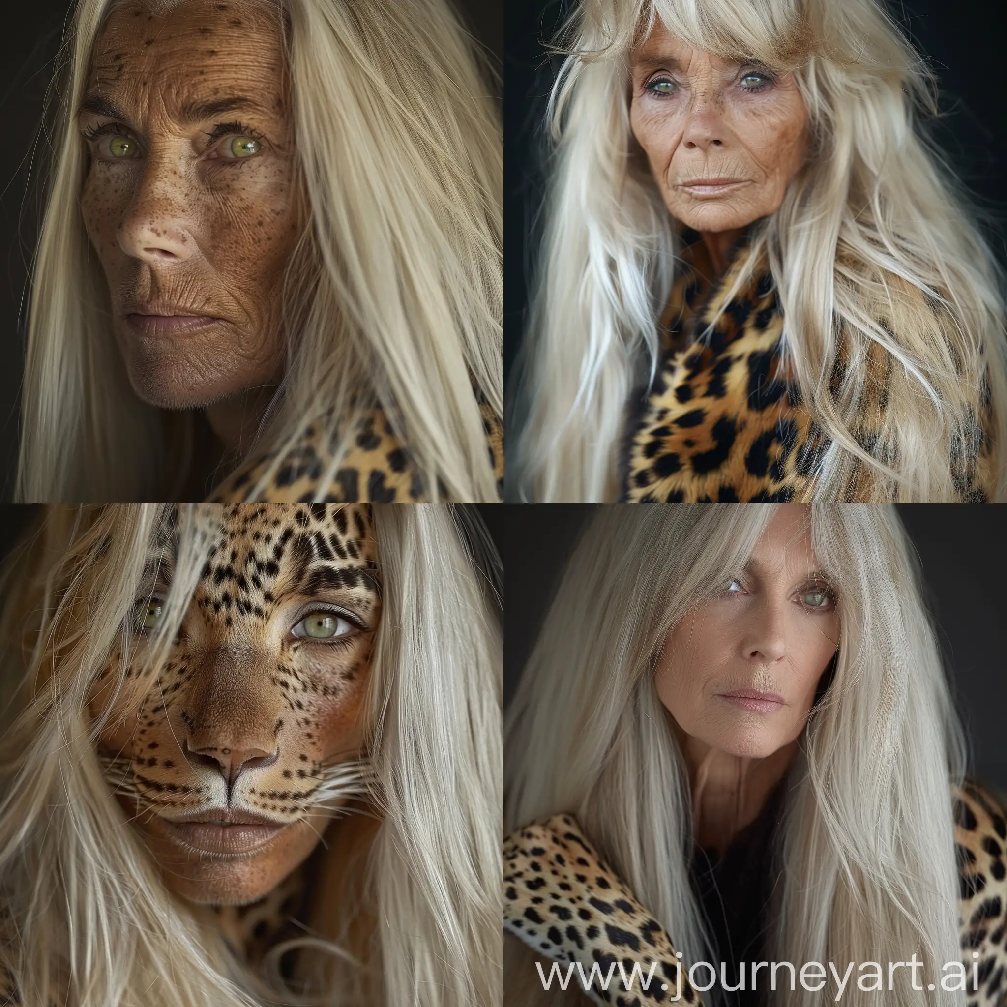 blonde hair, very long straight hair, green eyes, wild woman, leopard old skin, beautiful face, old body