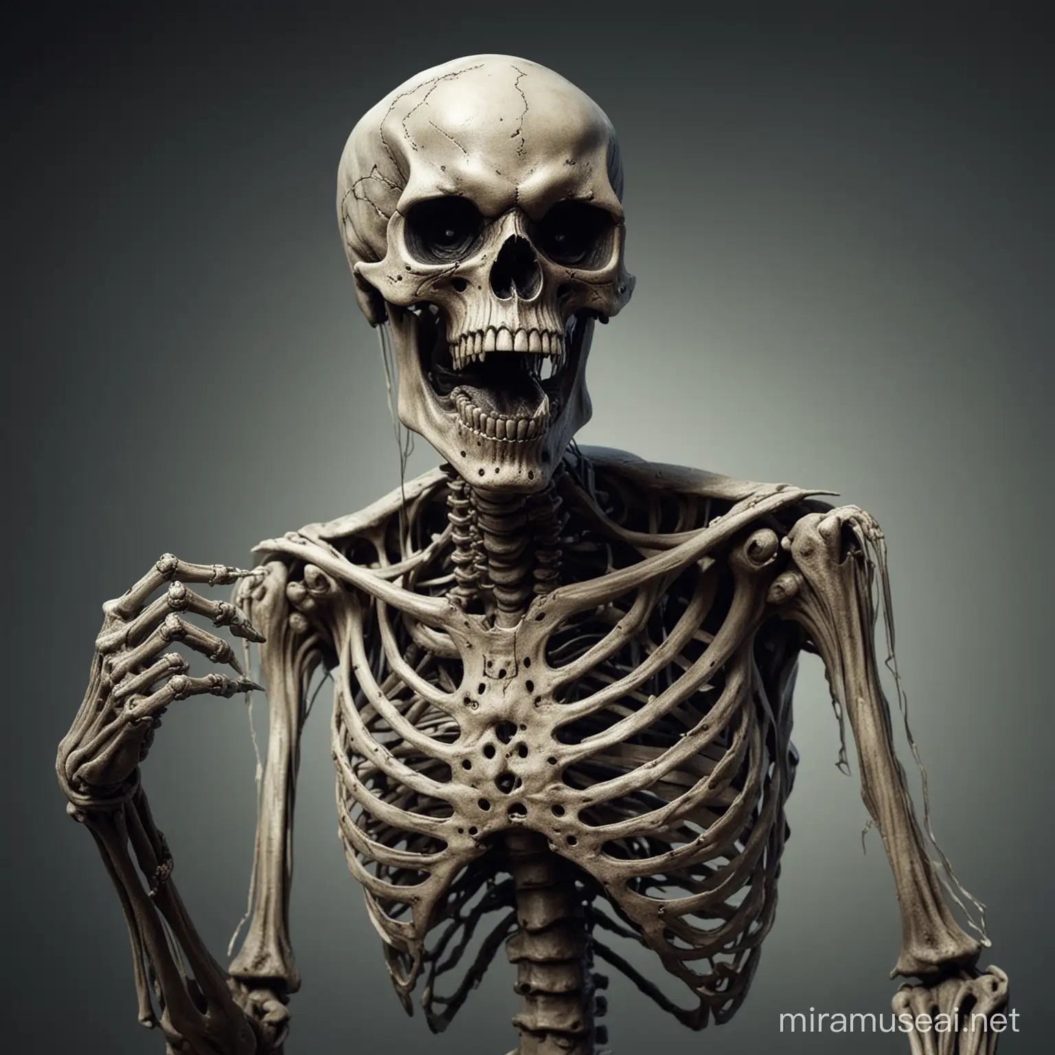 skeleton with an angry expression, pointing at the viewer; realistic style, heavy metal art