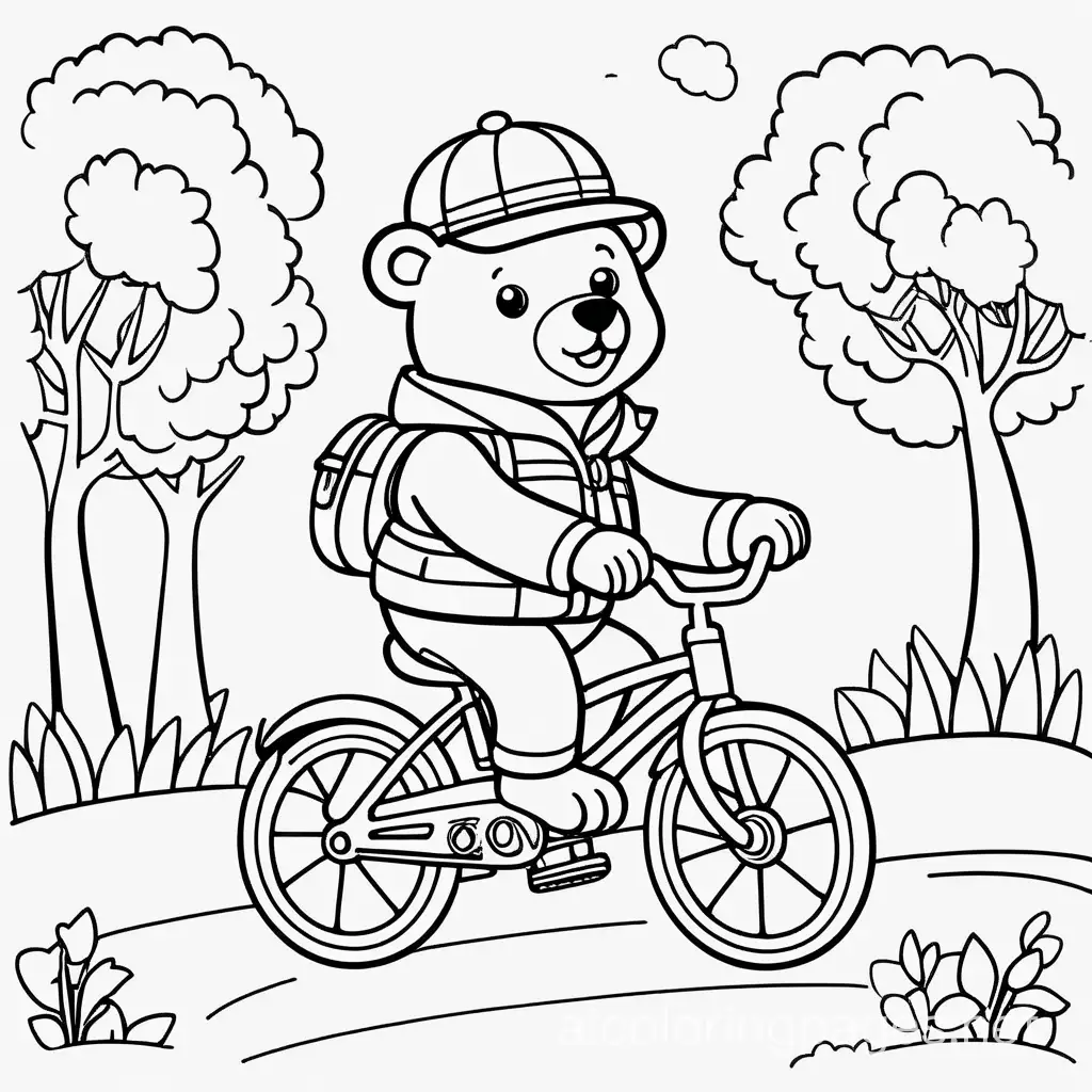 A cute bear with a hat and a jacket is riding a bicycle. Let it be a child character. Let it be funny. Keep the lines of the pictures thin., Coloring Page, black and white, line art, white background, Simplicity, Ample White Space. The background of the coloring page is plain white to make it easy for young children to color within the lines. The outlines of all the subjects are easy to distinguish, making it simple for kids to color without too much difficulty