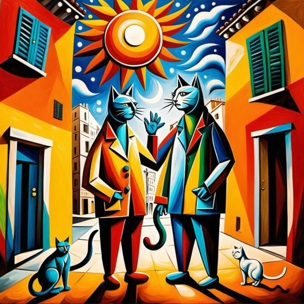 picasso style two men are talking the sky is full of colors , the sun is shining , two cat are playing in the streets 