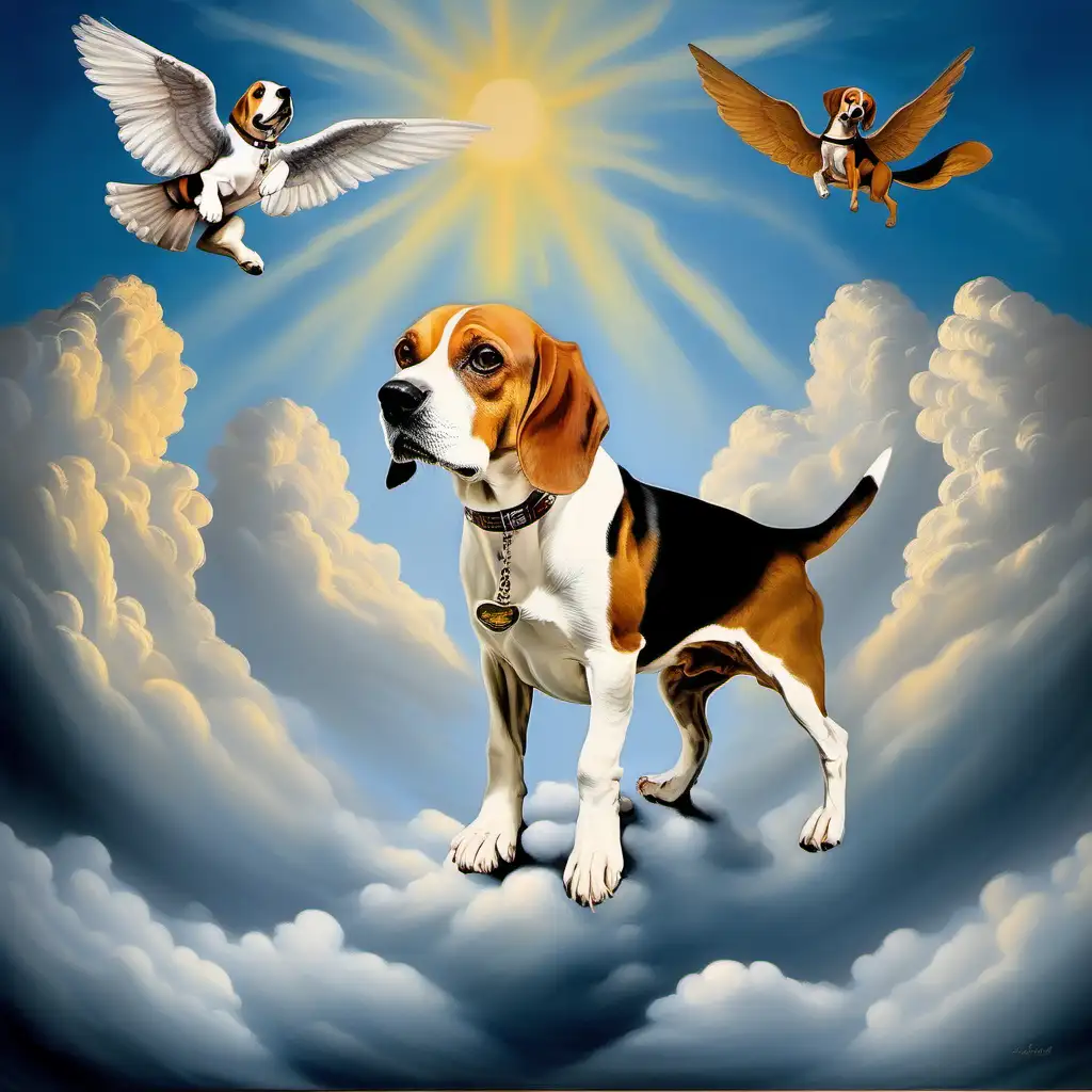 A painting of 1 beagle Jimmy Buffet Matthew and Bob Barker on a cloud in heaven like the sistine chapel
