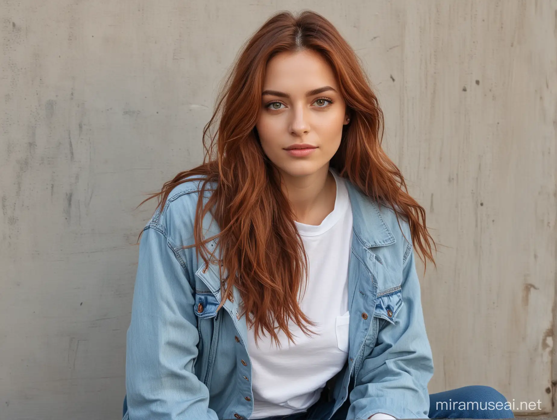 Stylish Woman with Cascading Chestnut Hair and Amber Eyes in Casual Attire