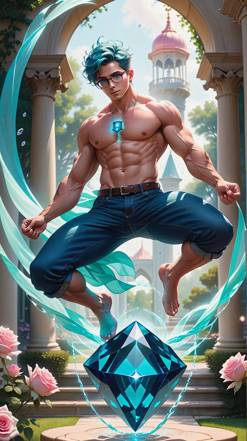 In a breathtaking display of power and transformation, a shirtless hunk with glasses and mesmerizing aquamarine eyes and short navy blue hair leaps into the air. His rugged 5 o'clock shadow adds to his rugged charm as he defies gravity, suspended in mid-air. Clad only in casual jeans, his open pink shirt hangs in tatters, fluttering around him like a banner in the wind. As he ascends, a brilliant aquamarine aura radiates from the circular energy crystal embedded in the center of his chest. The crystal pulses with energy, casting a dazzling glow that illuminates the surrounding rose garden.