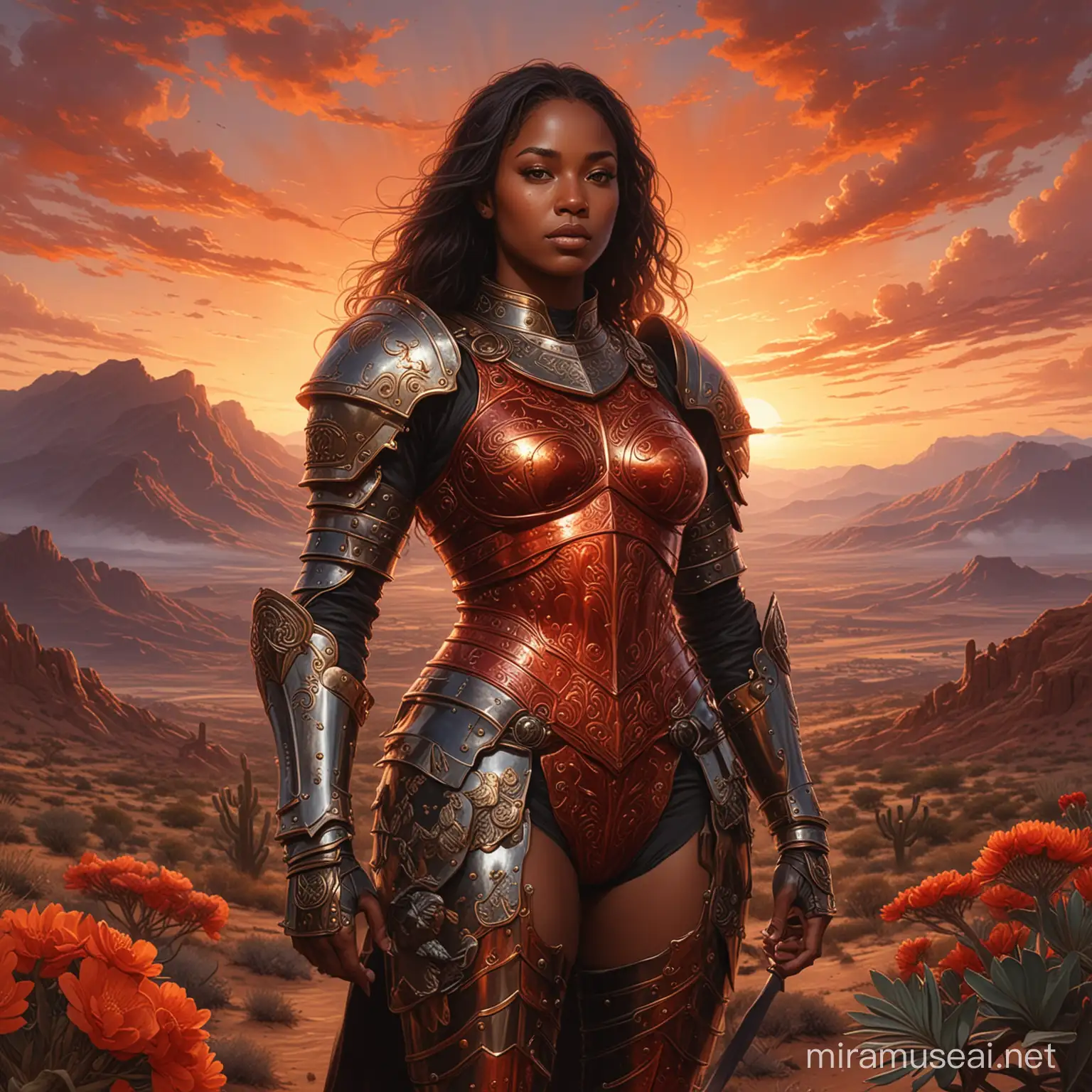 The image is a desert landscape featuring a red and orange sunset. The scene includes a cloudy sky, various plants, hills, and mountains in the background.dressed in armor with the words "GOD SAVE THE KING" inscribed. Tags include armor, art, knight.Black woman beautiful face is shown.  The woman's body parts such as chest, thigh, stomach, and abdomen are visible.painterly smooth, extremely sharp detail, finely tuned detail, 8 k, ultra sharp focus, illustration, illustration, art by Ayami Kojima Beautiful Thick Black