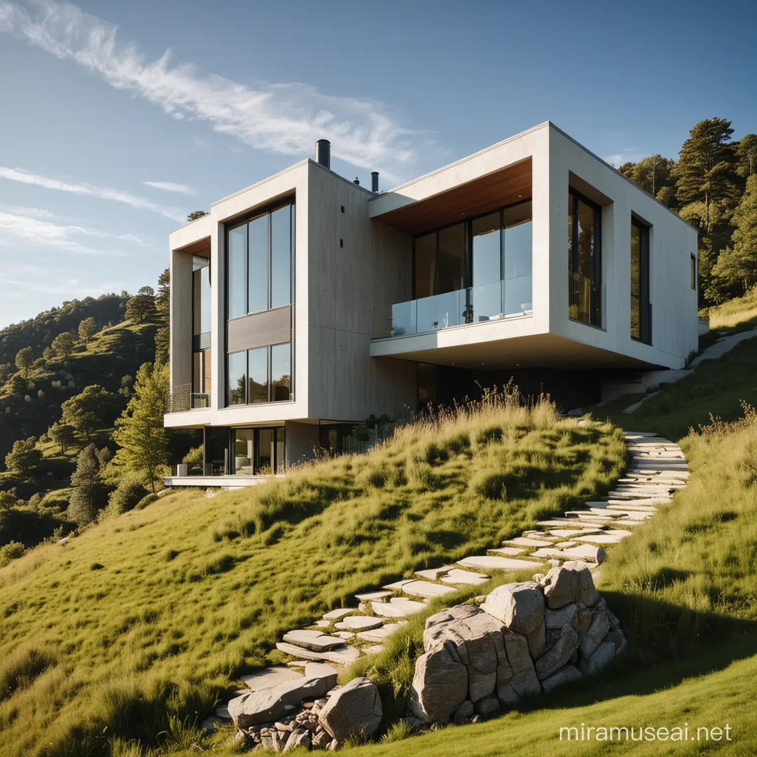 A beautiful modern home sitting on a sunny hill