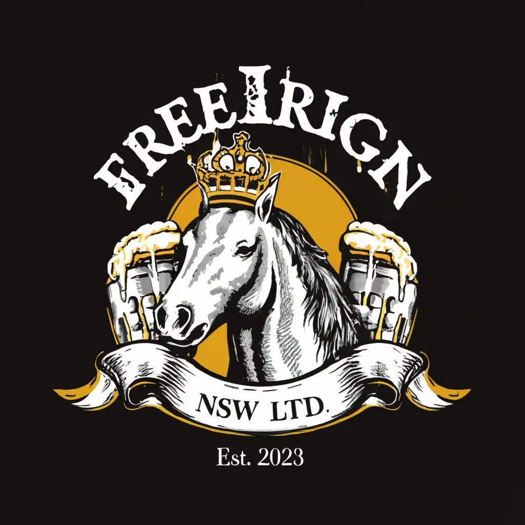 logo, horse with a crown, beer, with the text "FREE REIGN" "(NSW) PTY LTD", typography, est 2023